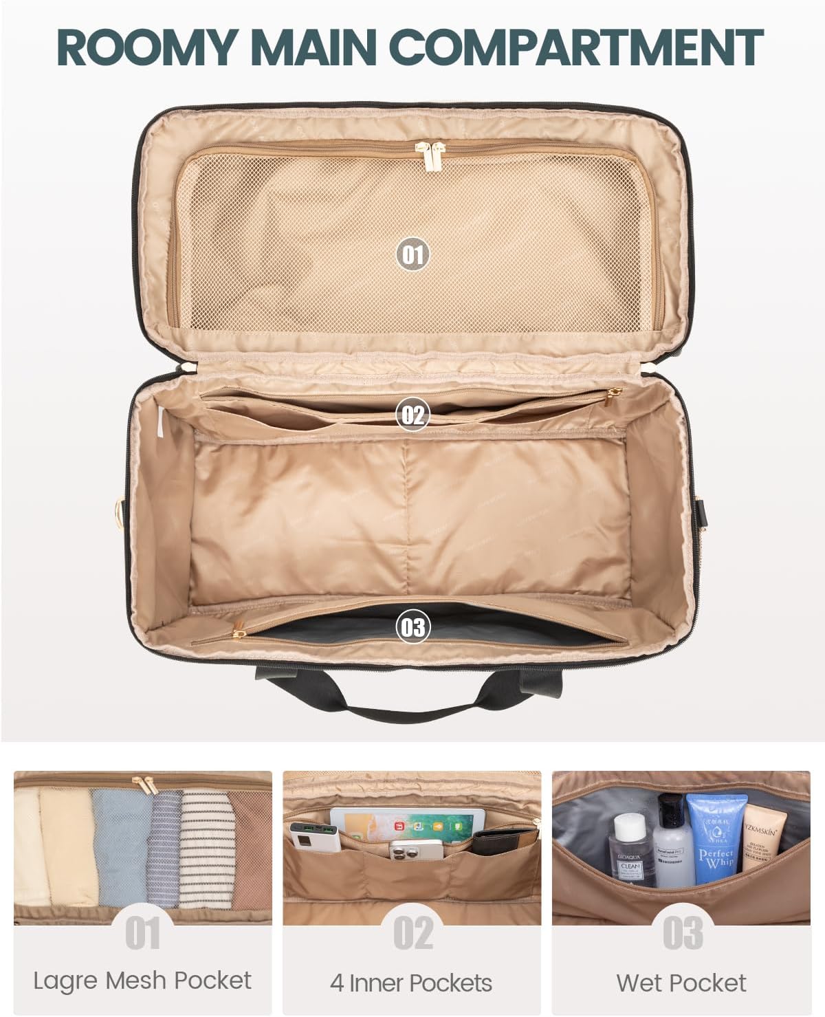 LOVEVOOK Travel Duffle Bag, Carry On Weekender Overnight Bag Hospital Bag with Toiletry & Wet Pocket, 3pc Set image 3