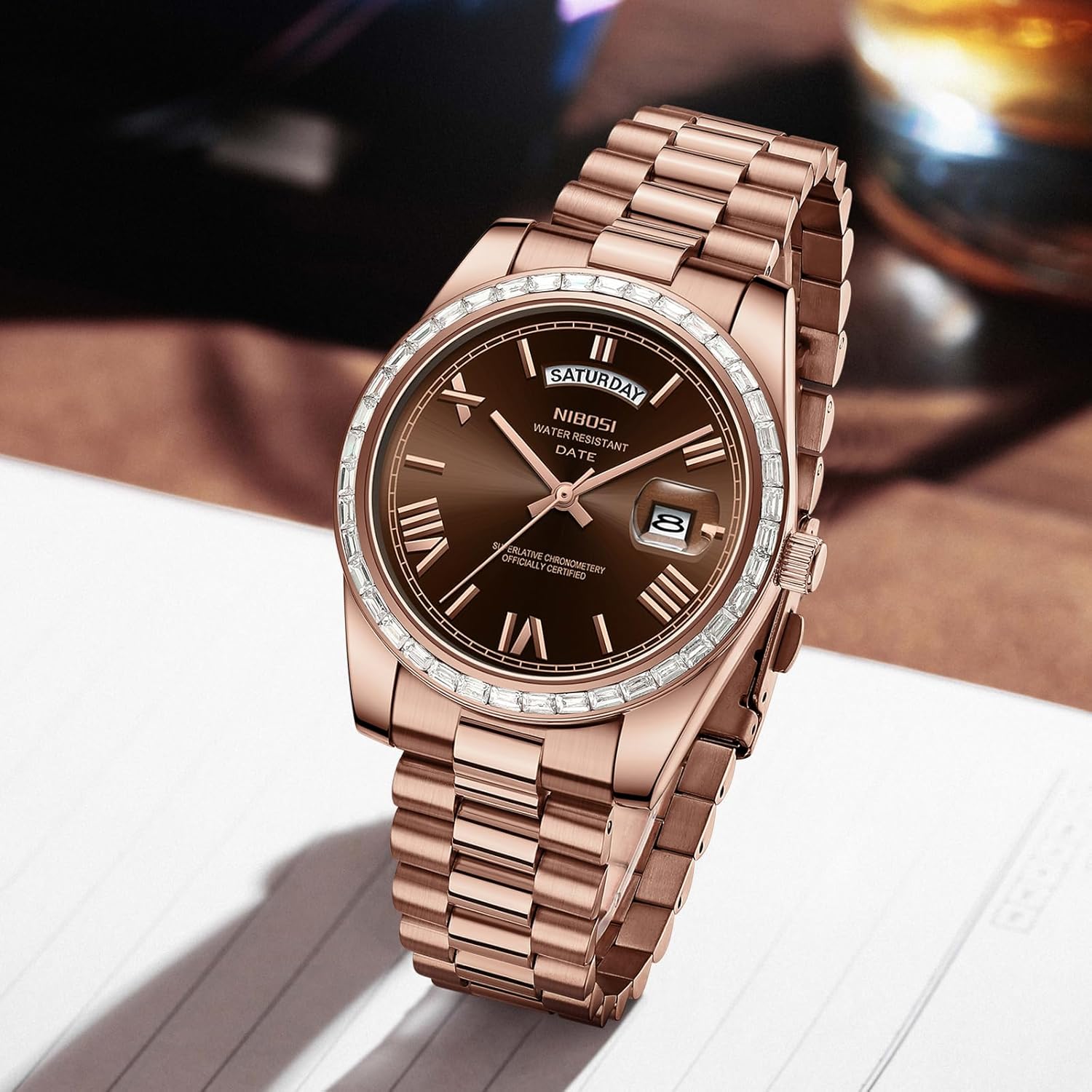 NIBOSI Men's Watches Analog Quartz Diamond Bezel Stainless Steel Dial Rose Gold Silver Watches for Men Waterproof Business Classic Dress Wrist Watch with Day Date - Image 7