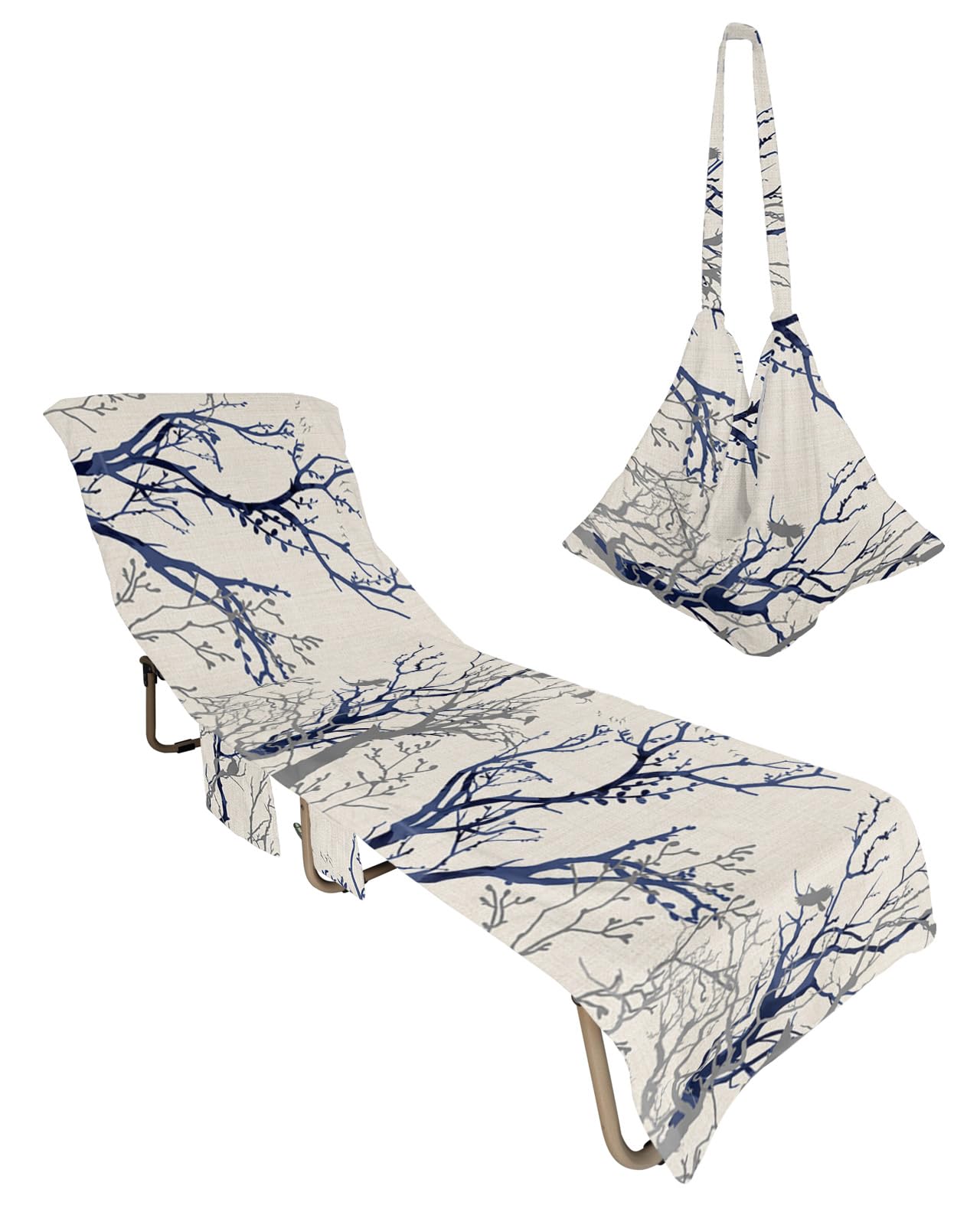 Blue Grey Botanical Beach Lounge Chair Towel Cover, Soft Chaise Lounge Towel with Side Pockets Patio Pool Chairs Cover for Beach/Pool Sunbathing 29x85 Pastoral Pastoral Rustic Burlap