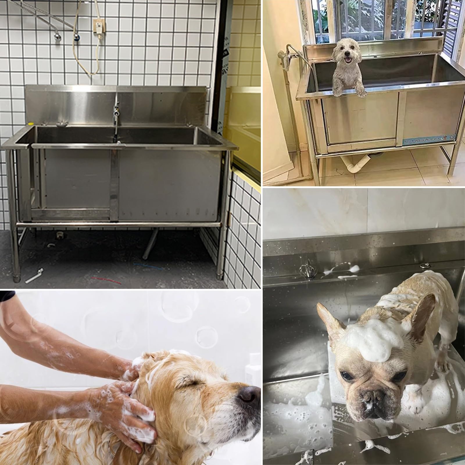Bañera profesional para mascotas con desagüe y puerta corredera para animales grandes
