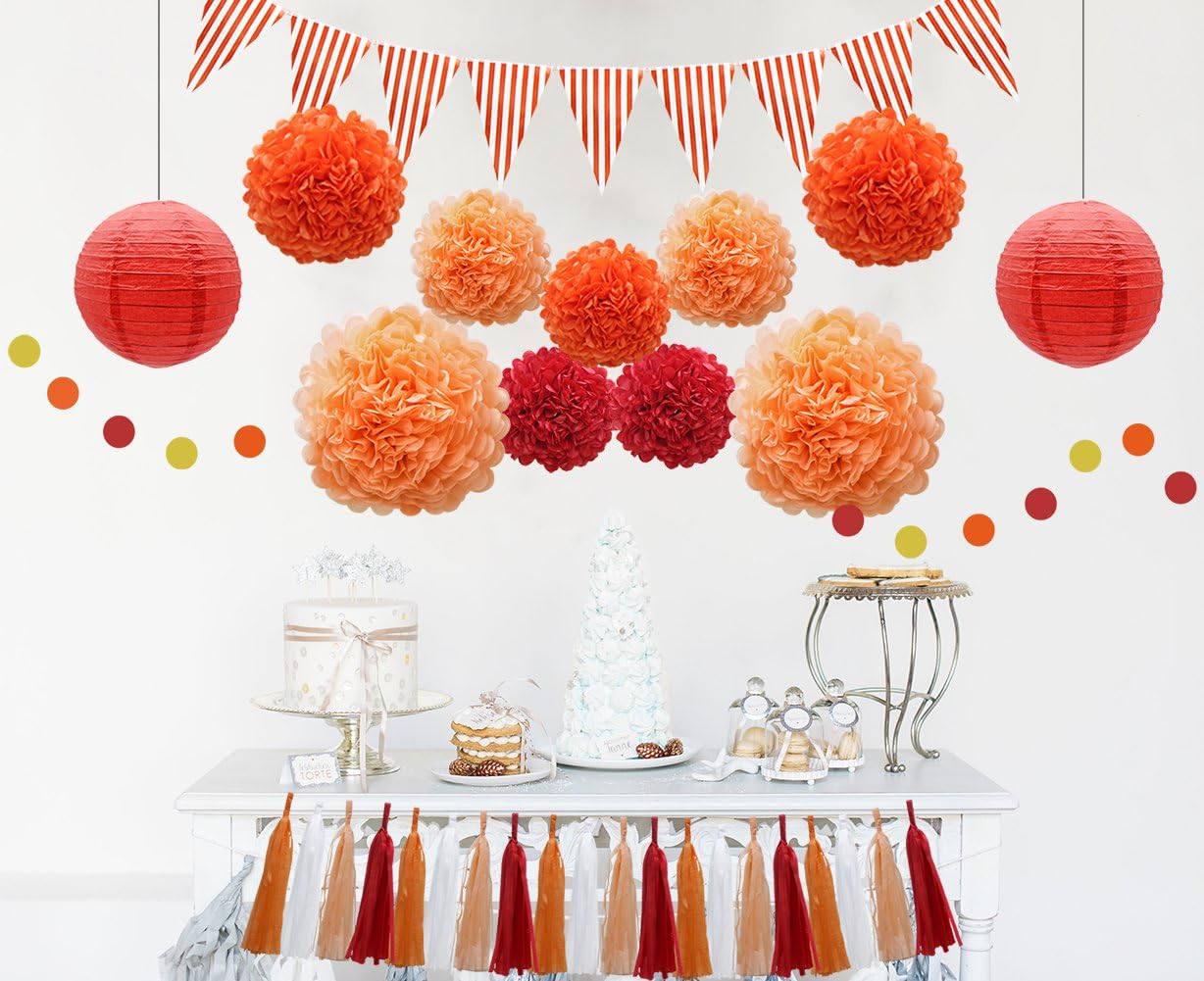 33pcs Party Decorations Supplies Set, Paper Lanterns Tissue Pom Poms Flowers Tassels Hanging Garland Banner Triangle Flag Bunting for Birthday, Baby Shower, Wedding Graduation Events (Orange, Red)
