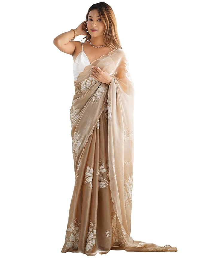 SIRIL Women's Shimmer Chiffon Sequence Embroidery Saree With Unstitched Blouse Piece