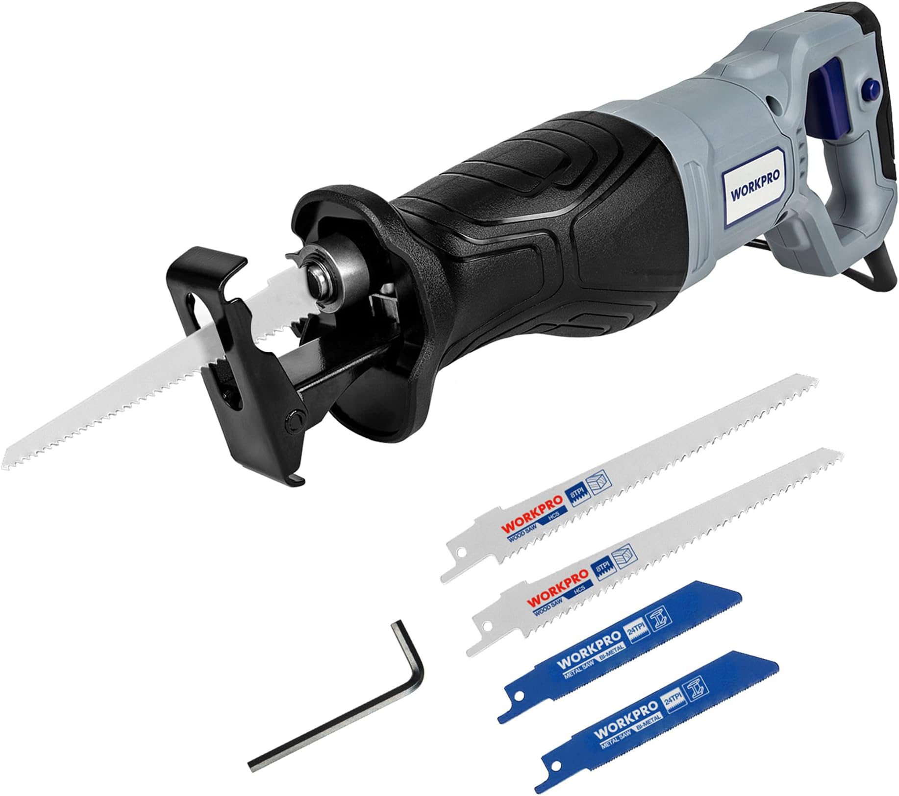 WORKPRO Reciprocating Saw 710W with 4 Blades, 2800 RPM Variable Speed, 20 mm Stroke Length, Tool-Free Blade Change, Electric Corded Sabre Saw for Wood Metal Cutting