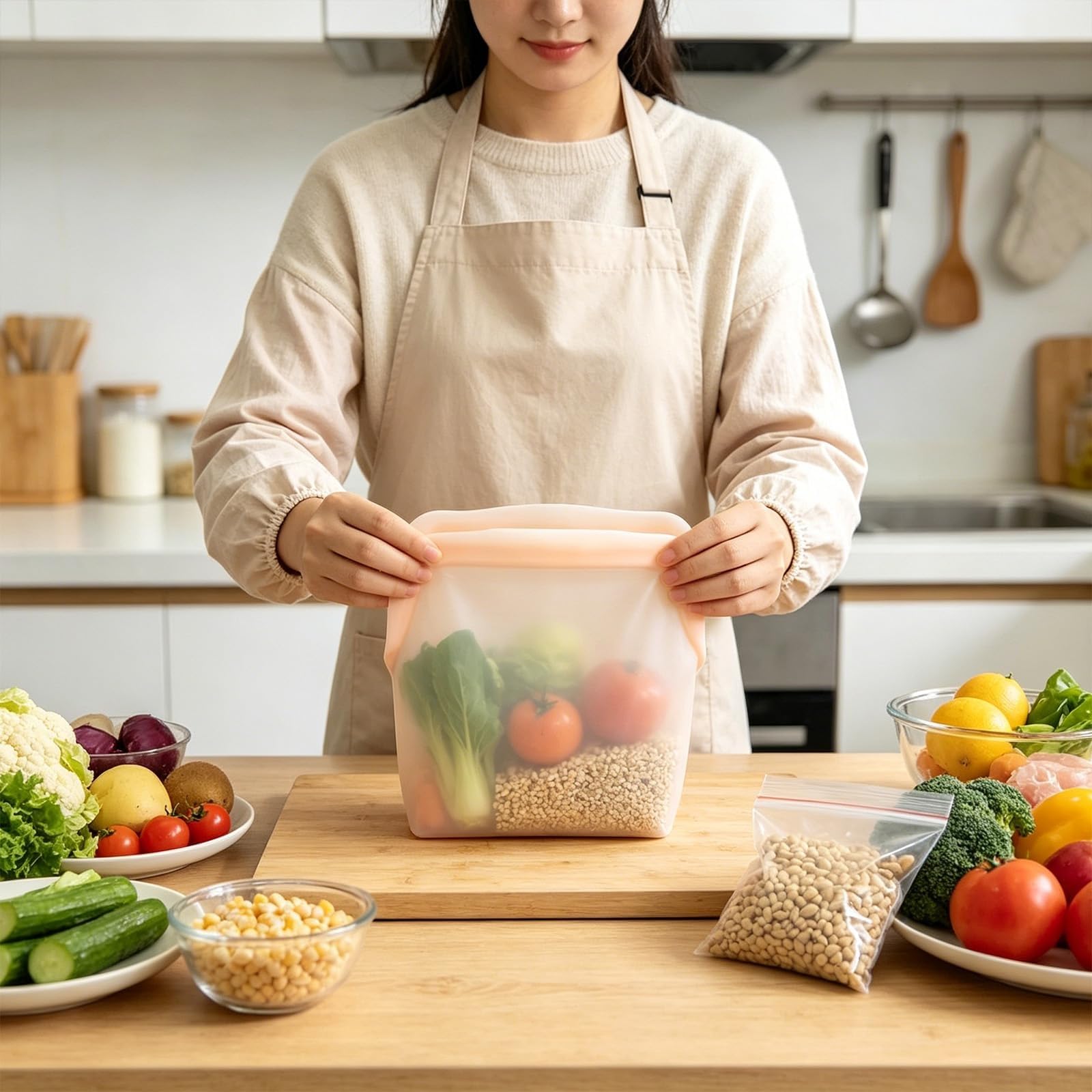 Sacchetti per alimenti riutilizzabili in silicone, trasparenti e a prova di perdite, adatti per congelatore, forno a microonde e congelatore verticale (8 pezzi)(A,1000ML)