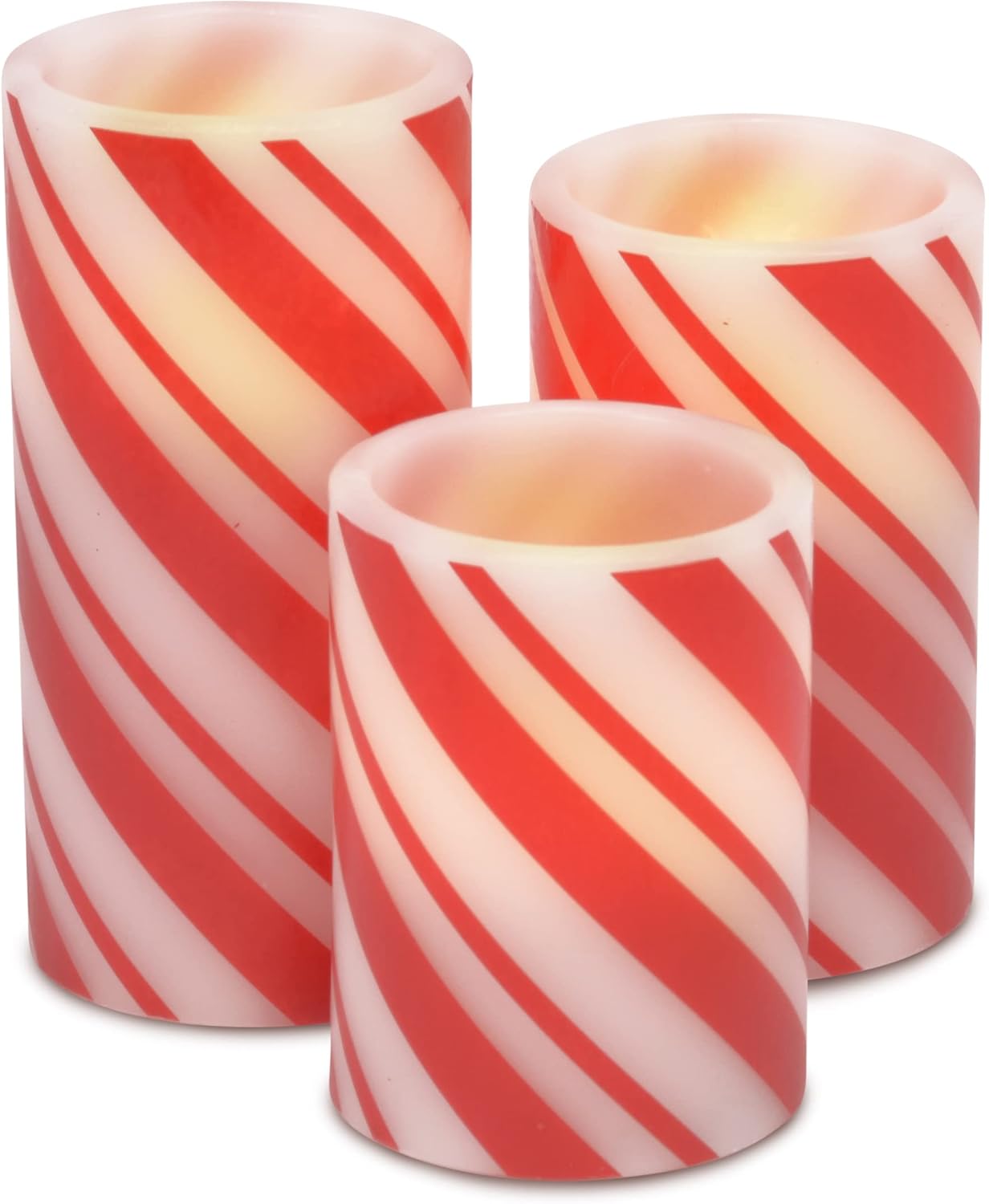 Mark Feldstein & Associates Candy Cane Stripe Holiday LED Flameless Pillar Candles, Set of 3, 6 Inch