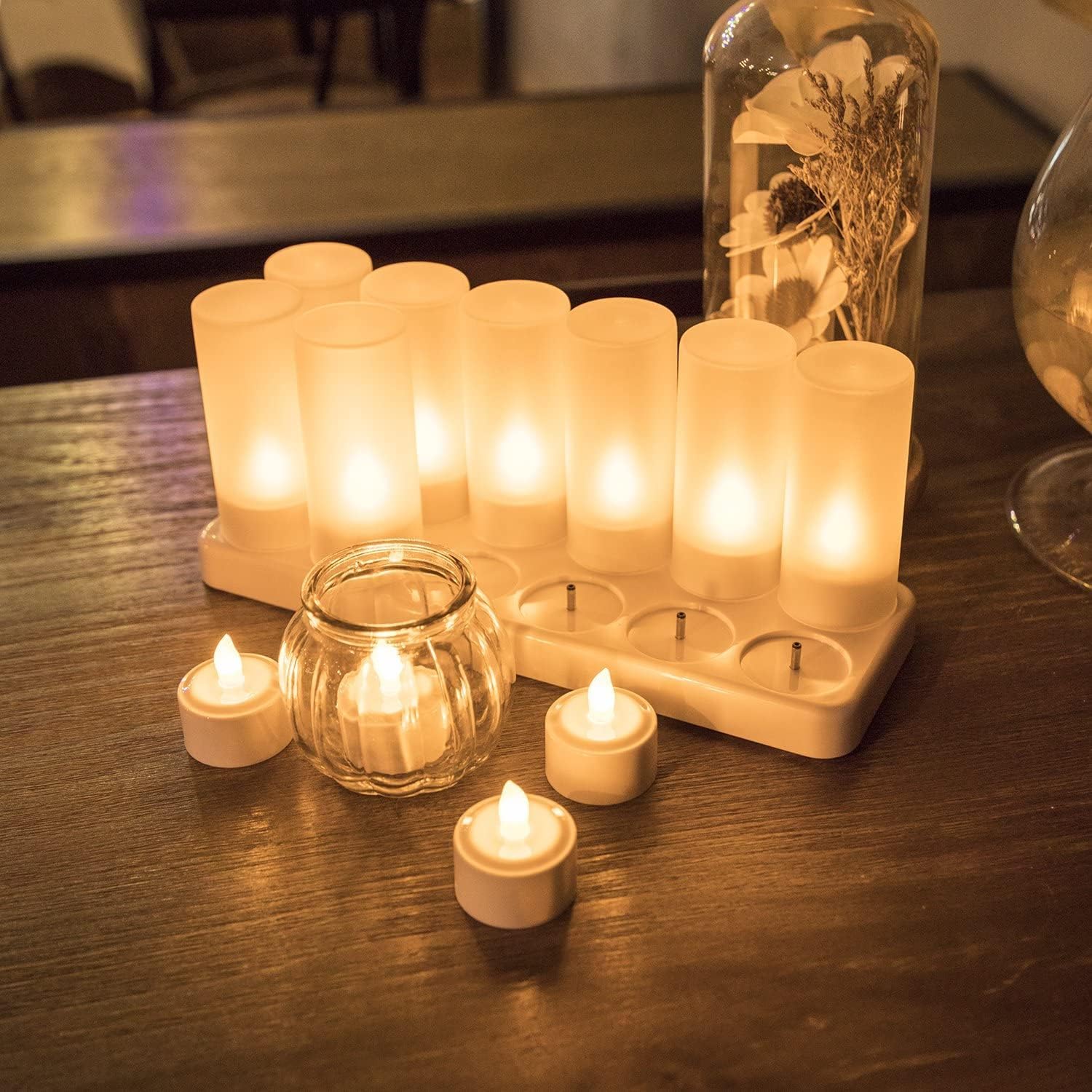 Rechargeable Flameless Candle, 12 Pcs Warm White LED Flickering Tea Lights, Comes with Charging Base, No Battery Needed