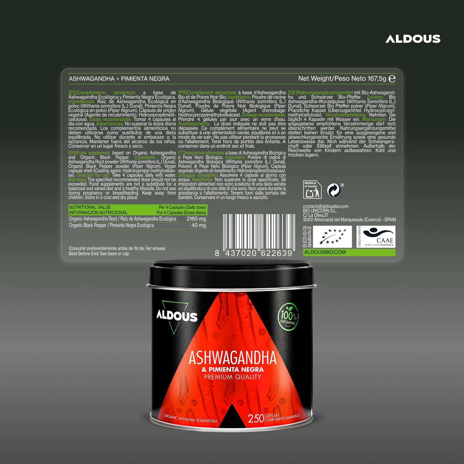 Ashwagandha Bio 2160mg - 250 Gélules Végétales - Racine d'Ashwagandha Bio avec Poivre Noir - Withania Somnifera - Bien-être, Anti Stress, Énergie, Sommeil - Sans Additifs - Certifié Biologique -ALDOUS