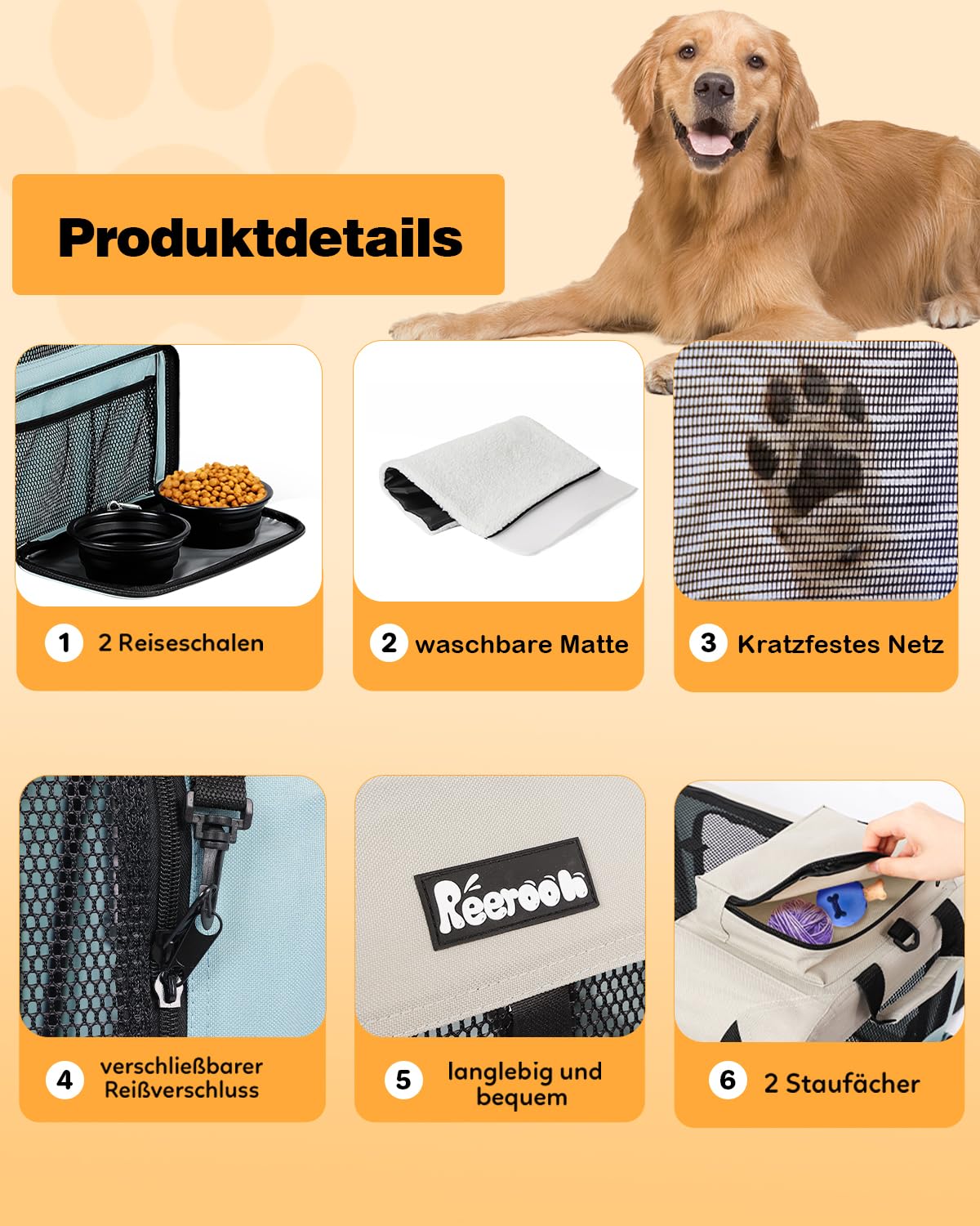 Hundebox M 60x42x42cm, Faltbar Hundetransportbox Inkl.Hundenapf, Tragbare Hundetasche für Reisen, Hunde und Katzen Auto Haustiertransportbox(M, Blau)