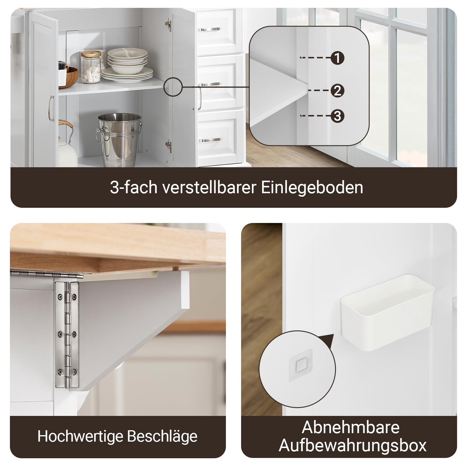 SoBuy Kücheninsel mit Rollen, mobiler Küchenwagen mit ausklappbarer Massivholz-Arbeitsplatte und 3 Schubladen, mobiler Küchenschrank für kleine Küchen und Familien, Weiß, 130x91x(46-71) cm FKW41-II-WN