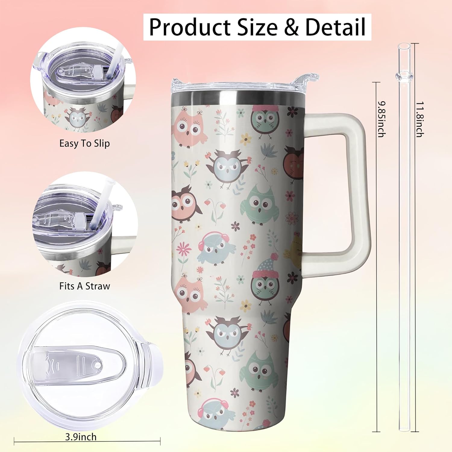 40 oz Owl Tumbler with Handle and Straw, Insulated Stainless Steel Cup with Lid, Travel Coffee Mug Water Bottle, Animal Lovers Women Gifts - Image 2