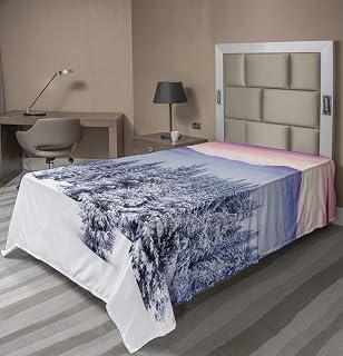 Ambesonne Winter Flat Sheet, Dreamy Evening Landscape Dramatic Sky and Snow Covered Trees Ski Holiday Season, Soft Comfortable Top Sheet Decorative Bedding 1 Piece, Twin Size, Multicolor