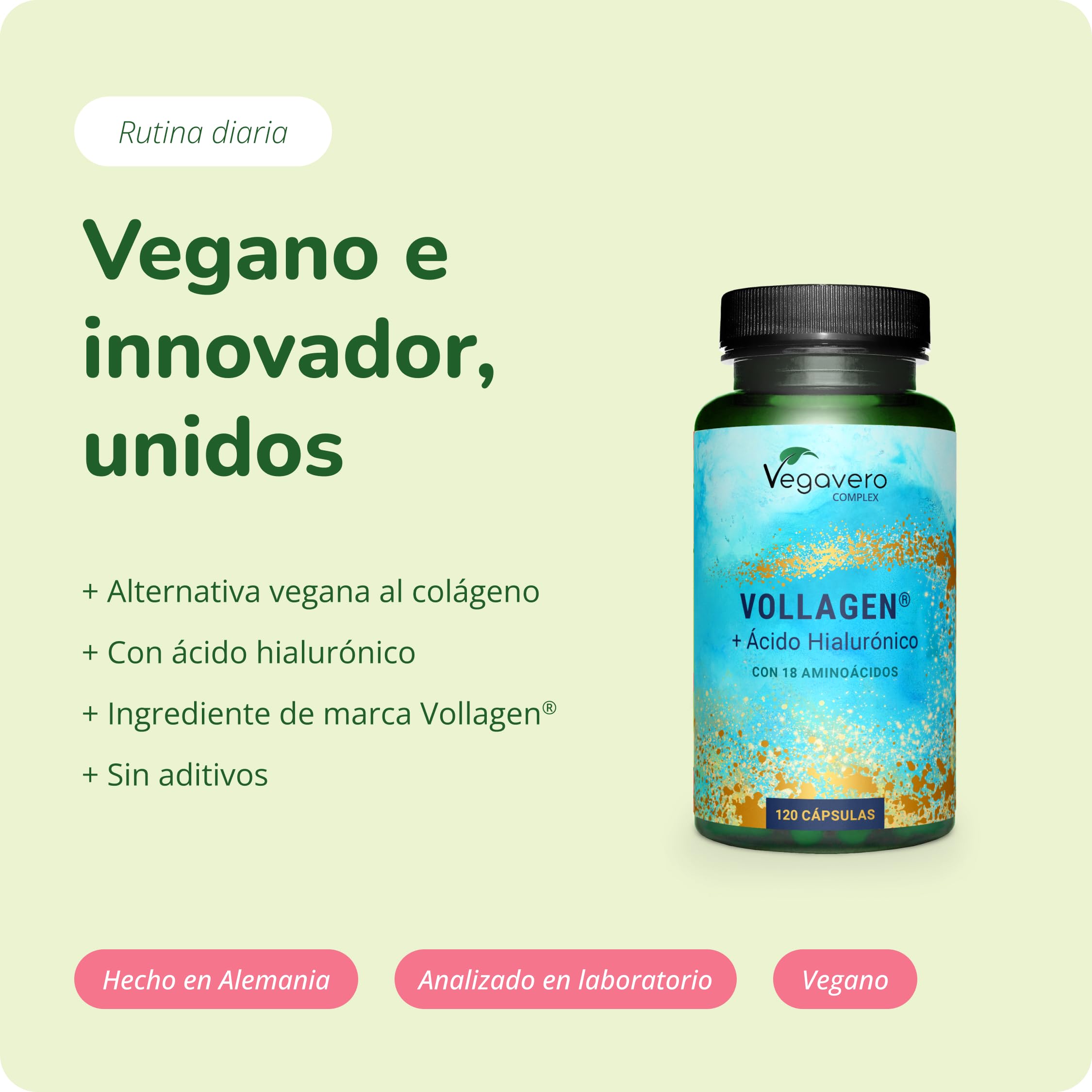 Vegavero Colágeno Vegano + Ácido Hialurónico | DOSIS ALTA | Piel + Cabello + Antiedad | AMINOÁCIDOS | Articulaciones + Masa Muscular | Materia Premium: Vollagen | Sin Aditivos