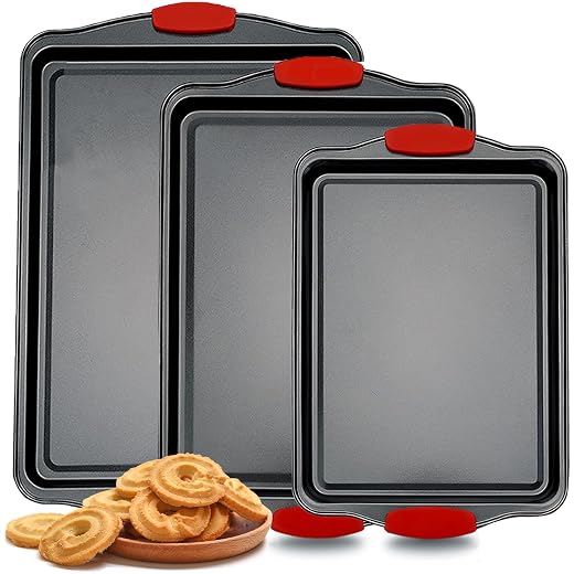 Non-Stick Baking Sheets Set of 3, Deluxe Black Non-Stick Carbon Steel, Commercial Grade Restaurant Quality Metal Bakeware with Red Silicone Handles(Black)