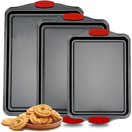 MARIWEI Non-Stick Baking Sheets Set of 3, Deluxe Black Non-Stick Carbon Steel, Silicone Handles, BPA Free Cookie Sheets for Baking Nonstick Set (Black)