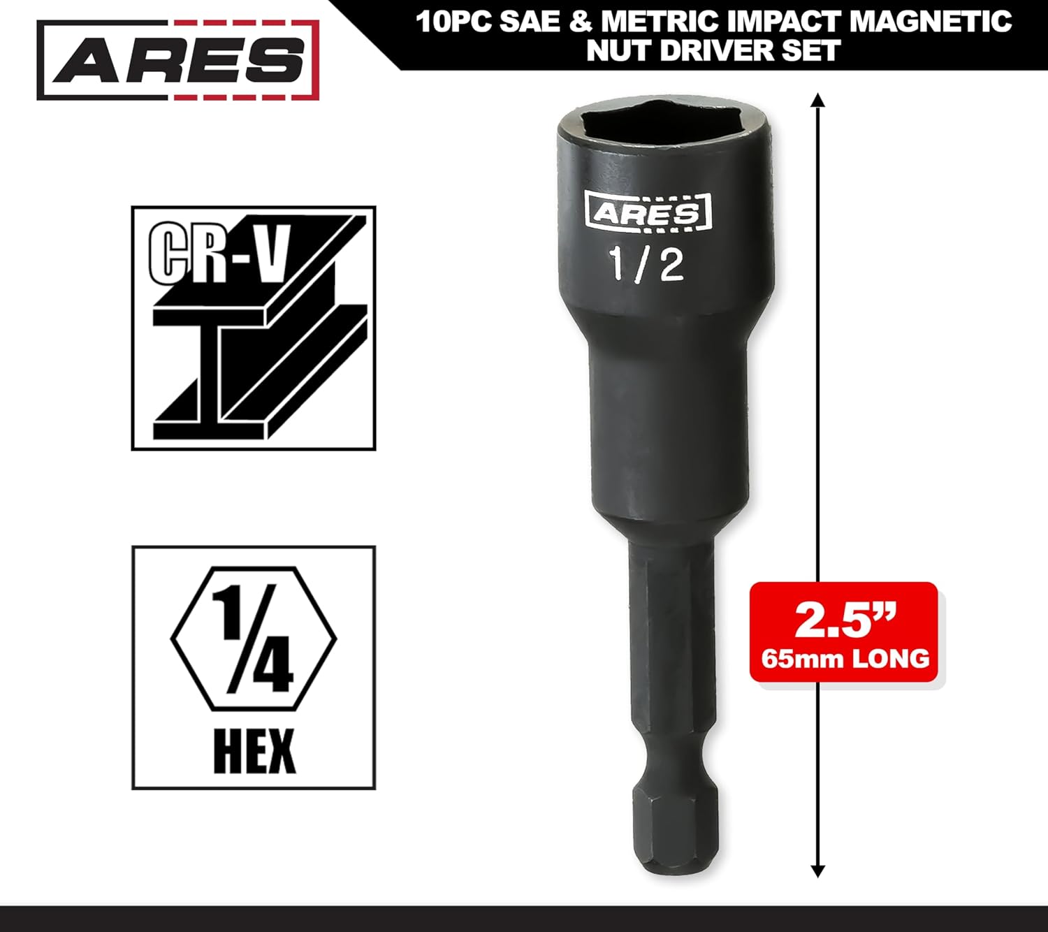 ARES 27102-10-Piece SAE and Metric Impact Magnetic Nut Driver Set - 2 1/2-Inch Impact Grade Nut Setters with Industrial Strength Magnets and Holders