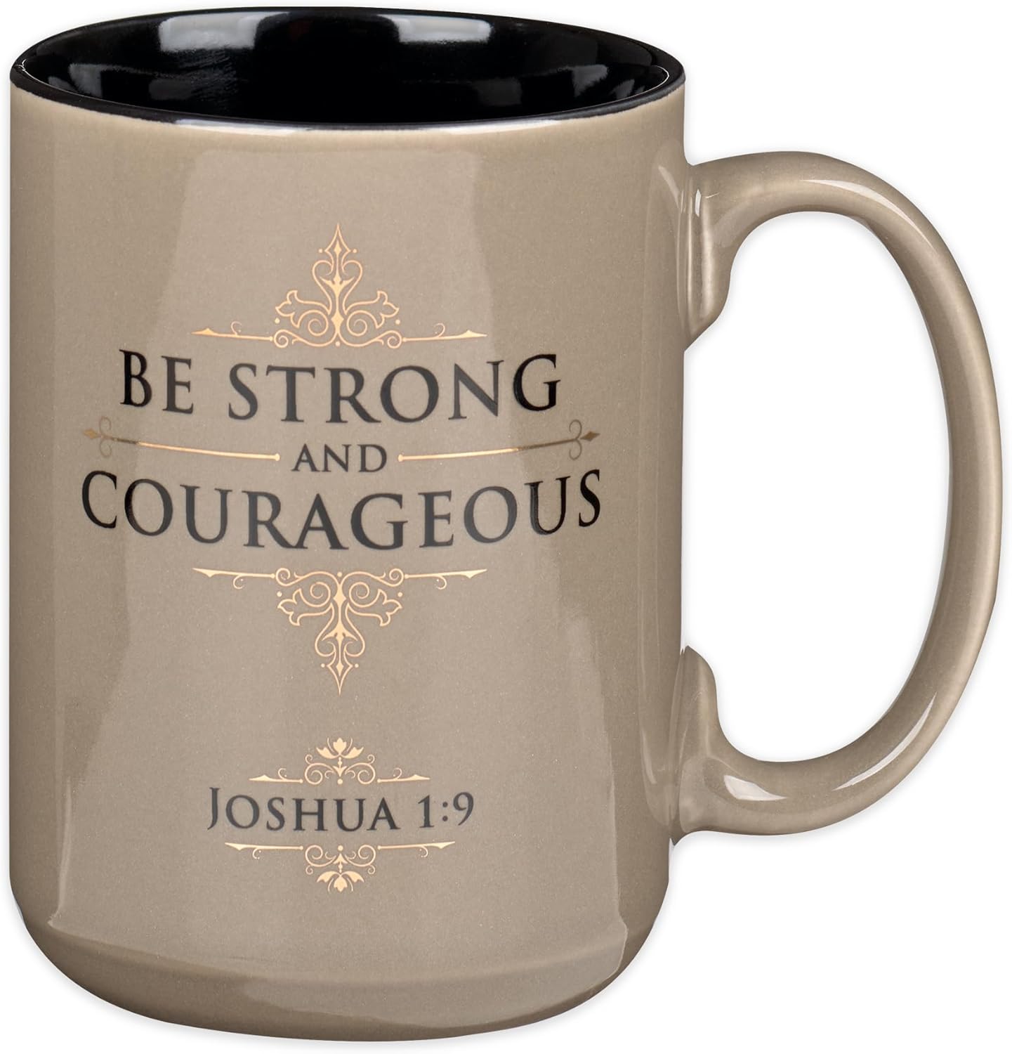 Christian Art Gifts Large Ceramic Coffee & Tea Scripture Mug for Men & Women: Strong & Courageous Inspirational Bible Verse, Glossy Sturdy Non-toxic Lead-free Novelty Cup, Tan, Black & Gold, 14 oz.