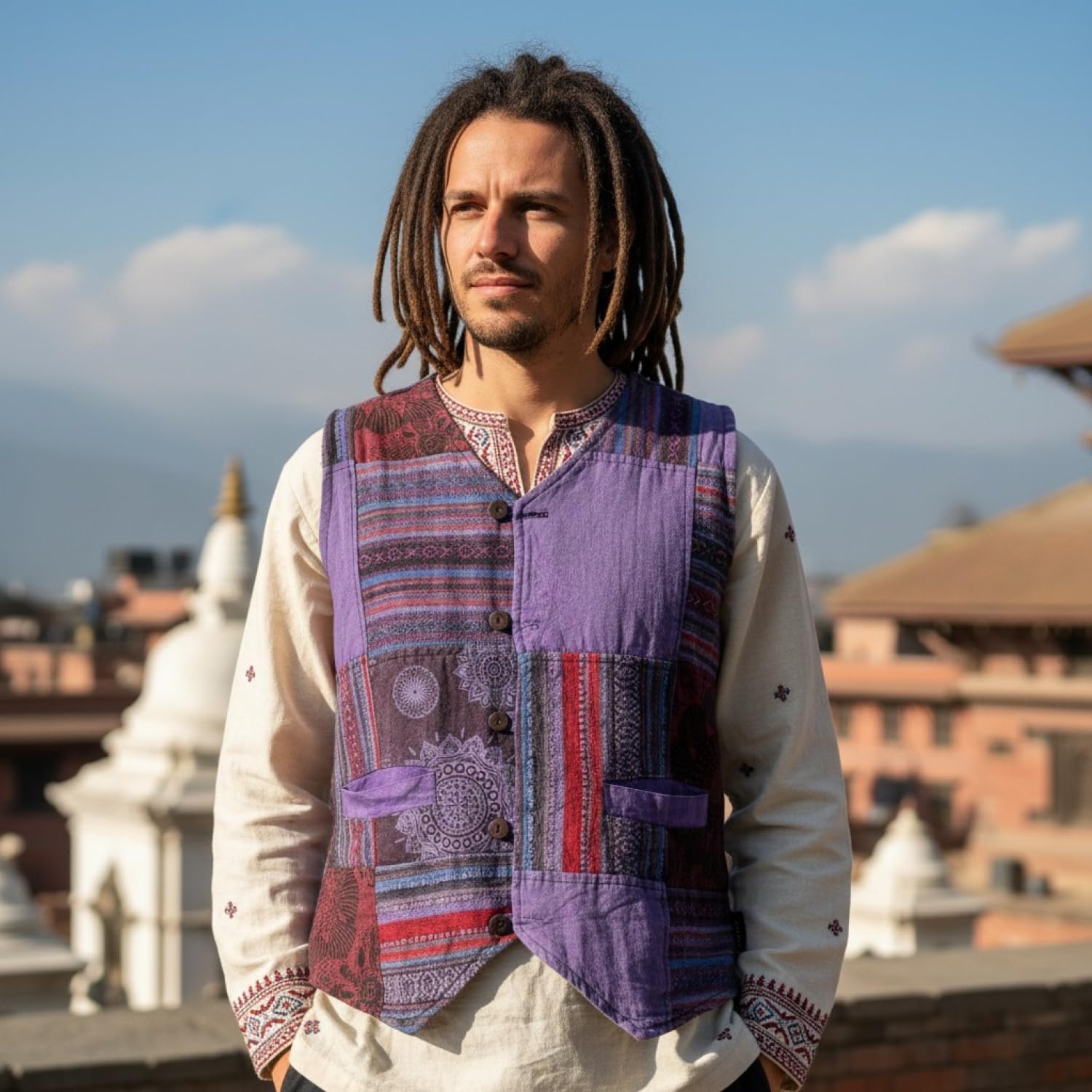 GURU SHOP Goaweste, Psytrance Patchwork męska kamizelka, bawełna, kurtki, kurtki z dzianiny, poncza, odzież alternatywna