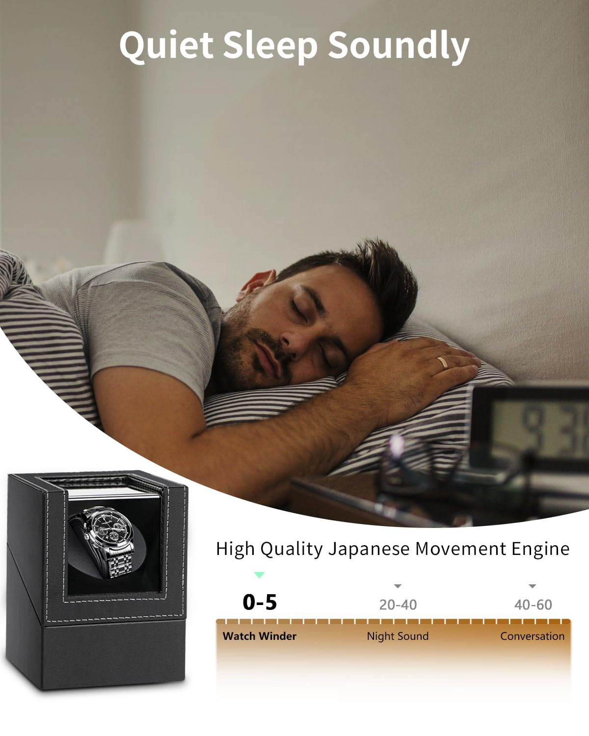 UnaMela Enrollador de relojes automáticos: caja automática de un solo reloj, caja giratoria de piel sintética negra, rotador de reloj con motor silencioso japonés, funciona con pilas o adaptador de