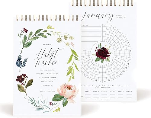 Bliss Collections Bloc de notas con calendario de seguimiento de hábitos, floral botánico, encuadernación en espiral dorada, diario mensual