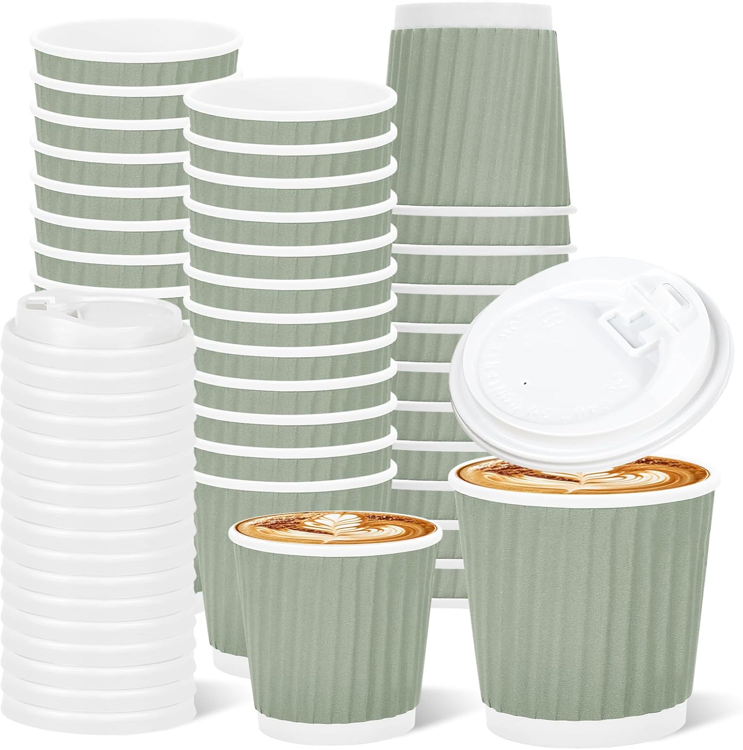 Whaline 100Pcs Sage Green Disposable Espresso Cups with Lids 4oz Solid Green Paper Cups Corrugated Ripple Wall Insulated Hot Cups for Home Office Party Supplies