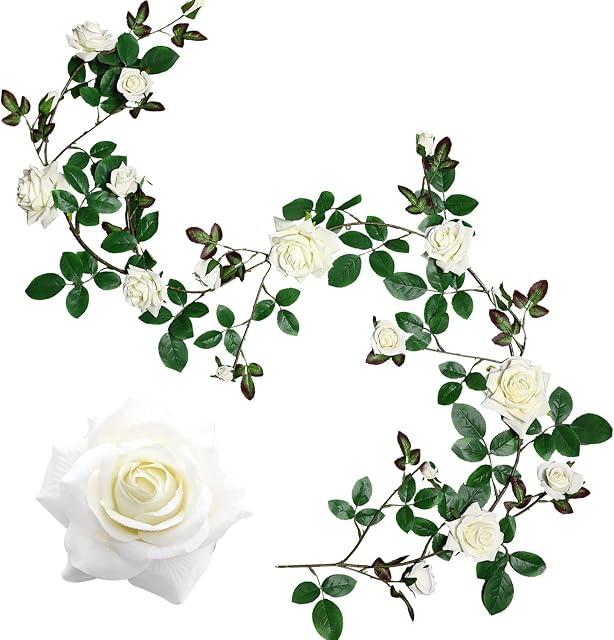 Veryhome Artificial Silk Rose Flowers Ivy Garland Fake Vines Hanging Plant Leaves For Wedding Party Garden Wall Valentine Decorations 1PCS  White, Upgraded Version