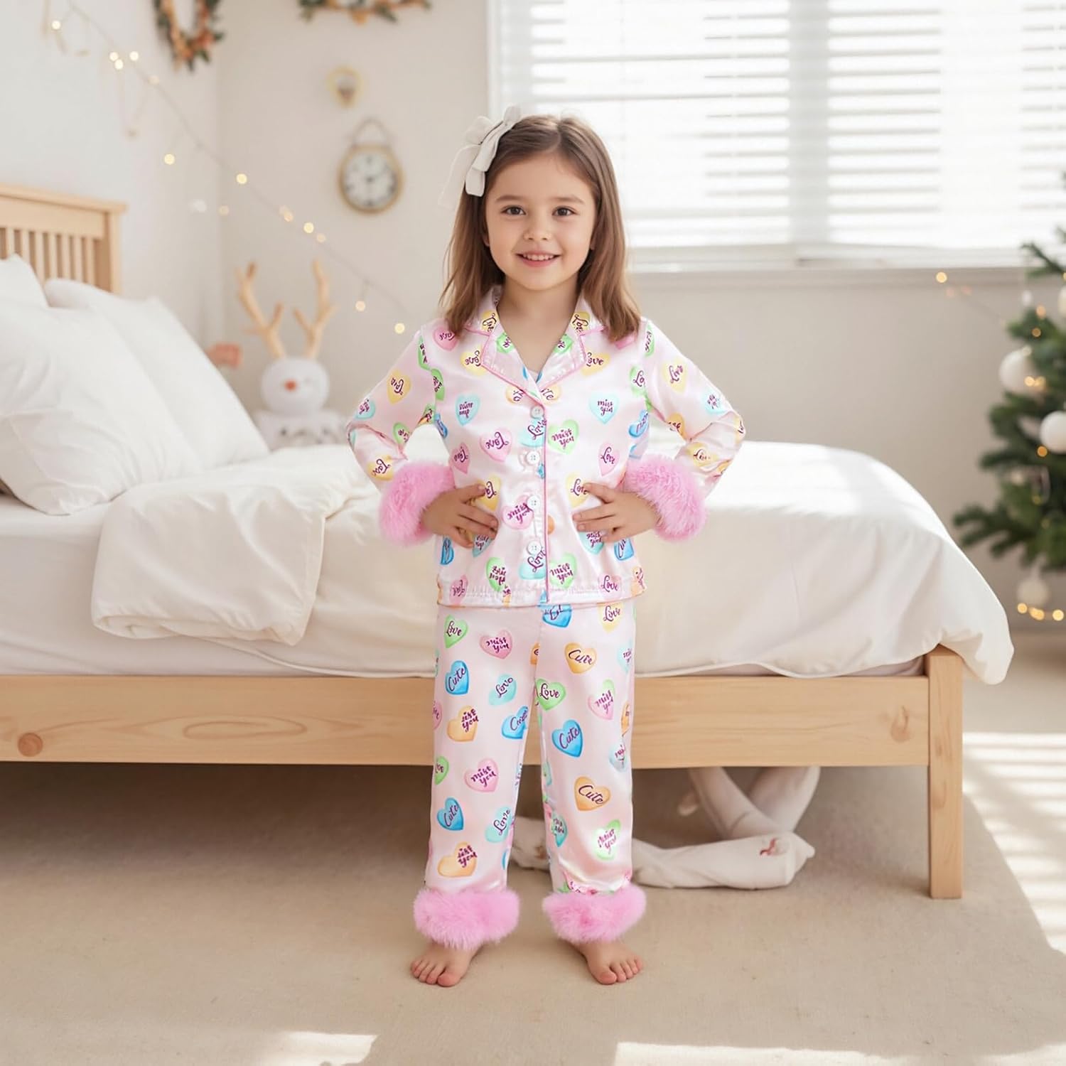 2Pcs Valentines Pajamas for Toddler Girl Lapel Button Bows Heart Print Tops and Pants Little Kids Girls PJ Nightgown - Image 2