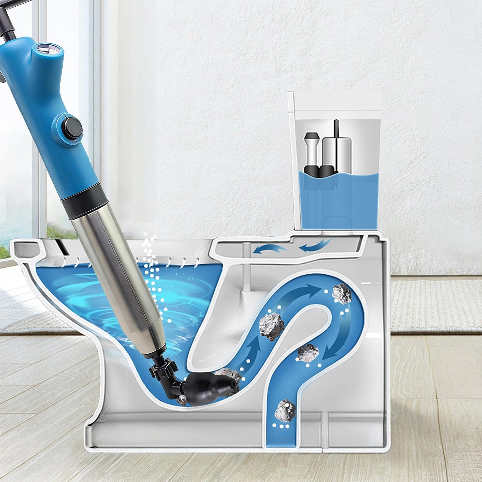 Rohrreinigungspumpe mit Manometer, Pressluft Rohrreiniger mit 2-Stufen-Drucksystem, Abflussreiniger Pumpe mit Adapter, Druckluft Rohrreiniger für Toilette und Abflussrohre