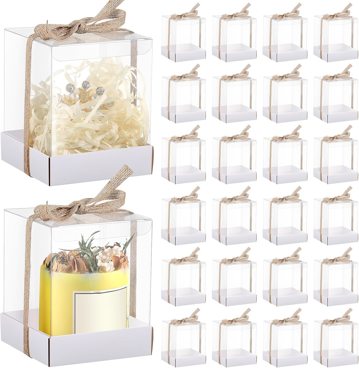 Cunno 24 Sets 3.5 x 3.5 x 4.3 in Candle Gift Package Valentine's Transparent Box 4-18 oz Handmade Tealight Candle Holder Paper Bottom Ribbon for Wedding Baby Shower Party Mug (White)