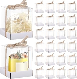 Cunno 24 Set 3.5 x 3.5 x 4.3 in Transparent Candle Gift Box Bulk Packaging Box 4-18 oz Tealight Candle Holders White Paper Bottom Cover with Ribbon for Christmas Wedding Baby Shower Party