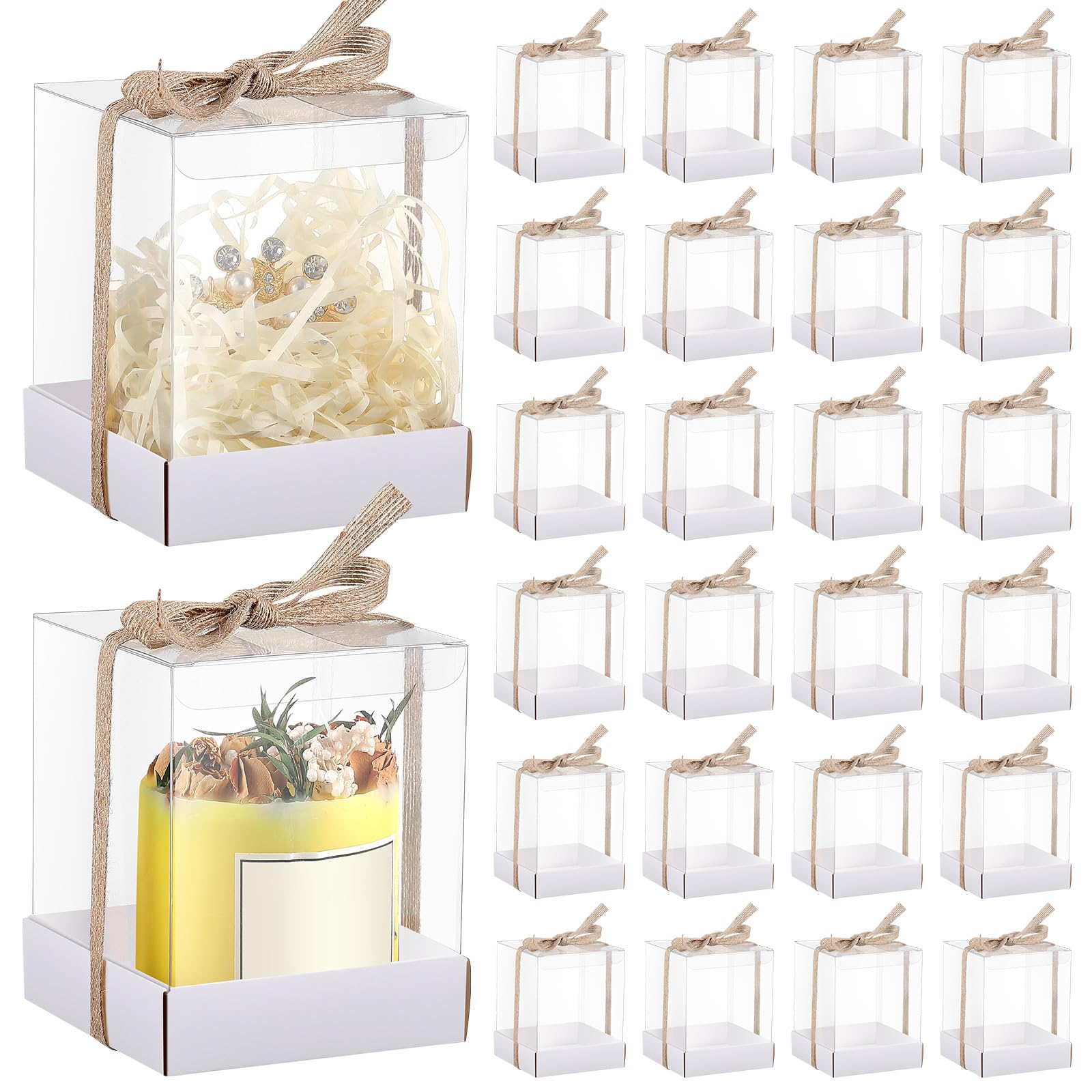 24 Stück 8,9 x 8,9 x 10,9 cm transparente Kerzen-Geschenkbox, Großverpackung, Box für Teelichter, Kerzenhalter, weiße Papierunterseite mit Band, für Weihnachten, Hochzeit, Babyparty, Party