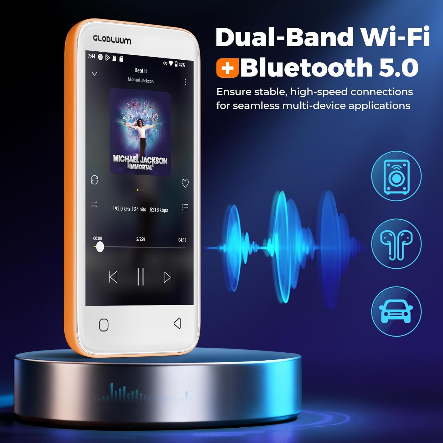 96GB MP3 Player with Bluetooth 5.0 and WiFi, Music Player with Spotify, Audible, Amazon Music, Pandora, Libby, Spotify Kids, 4" Touchscreen Android MP4 Player with HiFi Sound (Cosmic Orange)