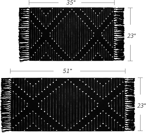 Miniatura 2 de MitoVilla Juego de 2 alfombras de baño bohemias negras de 2 x 3 pies + 2 x 4.3 pies, alfombra de pasillo pequeña con borla para cocina, tejido de