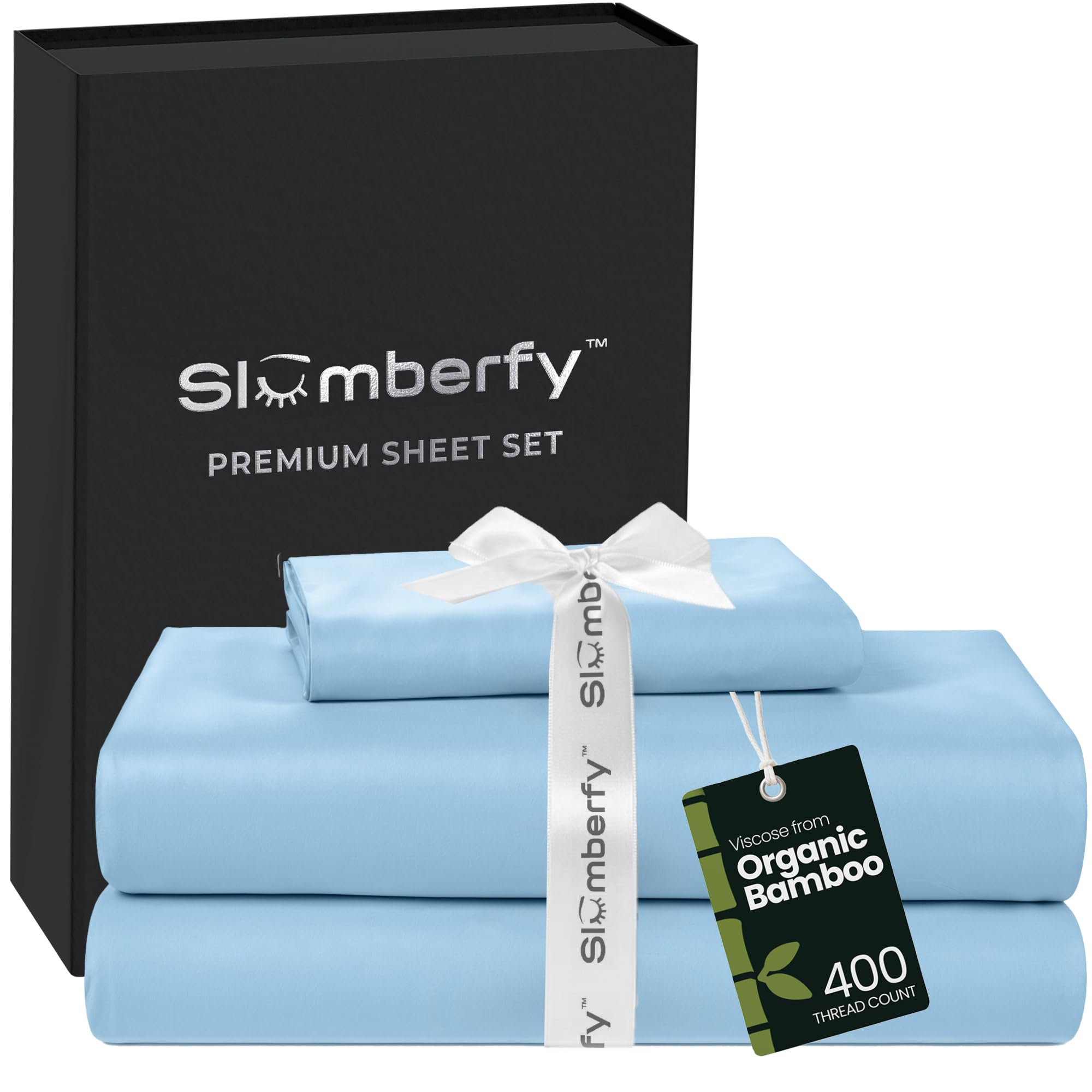 Slumberfy 3-Piece 400 TC Viscose Derived from Bamboo Sheets, Twin Size - 1 Fitted, 1 Flat, 1 Pillow Case - Deep Pocket Cooling Viscose-Bamboo Bed Sheets in Magnetic Closure Gift Box, Light Blue