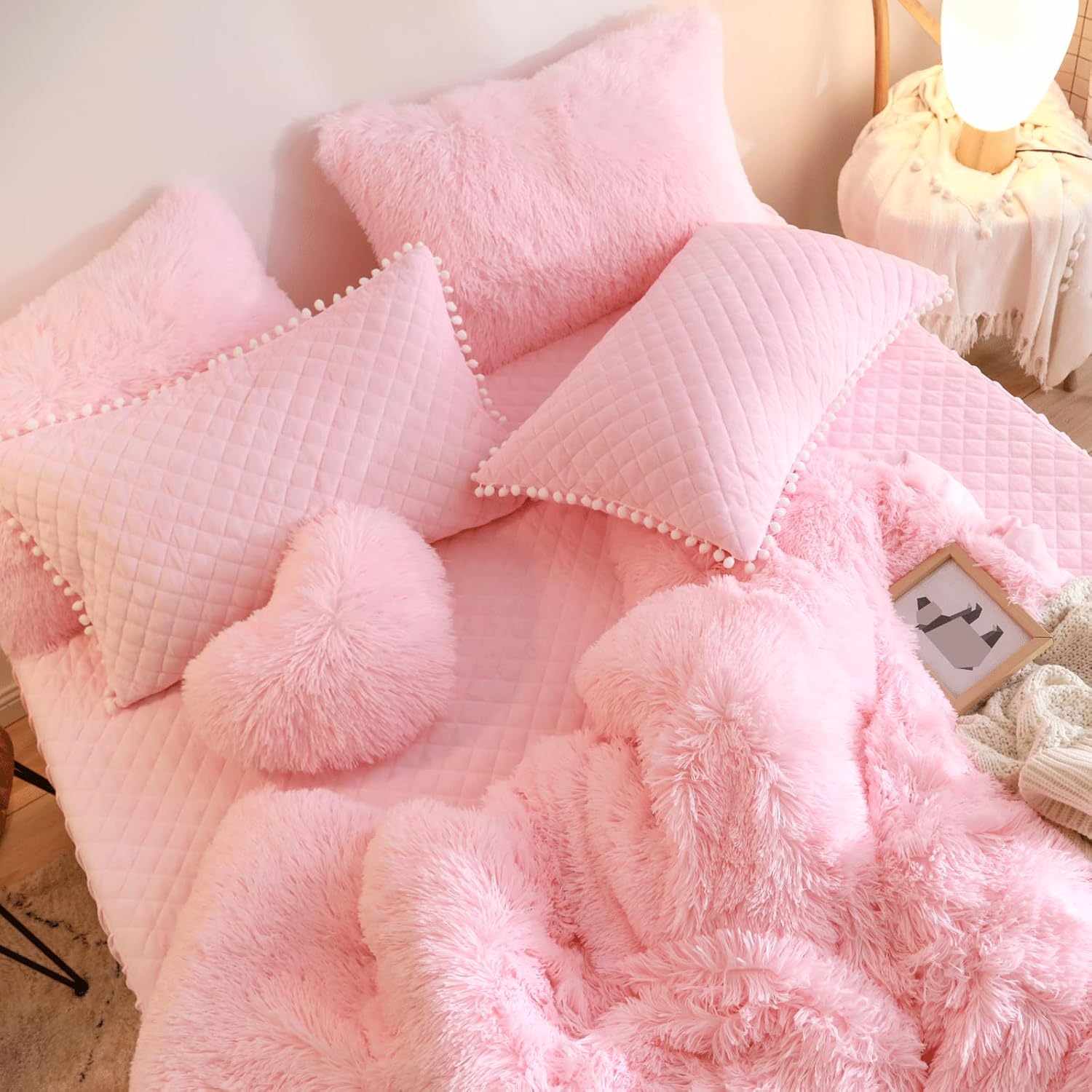 Pink Fluffy Comforter Set, Fluffy Plush Shaggy Duvet Cover 1 Pieces Set (1 Faux Fur Duvet Cover) Velvet Pink Bedding Twin Bed Set,Zipper Closure (Pink, Twin) - Image 4