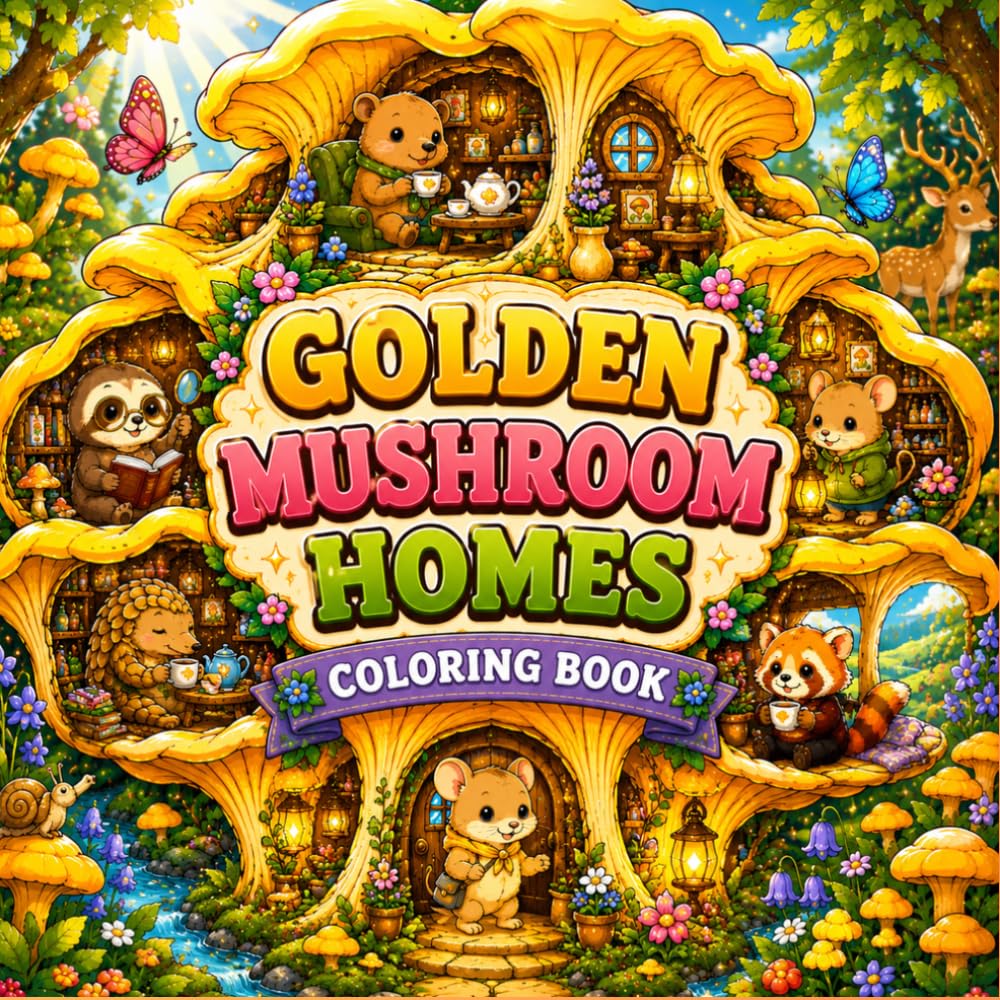 Golden Mushroom Homes Coloring Book with Cozy Woodland Cottages, Cute Forest Animals, Enchanted Gardens, and Whimsical Fantasy Scenes