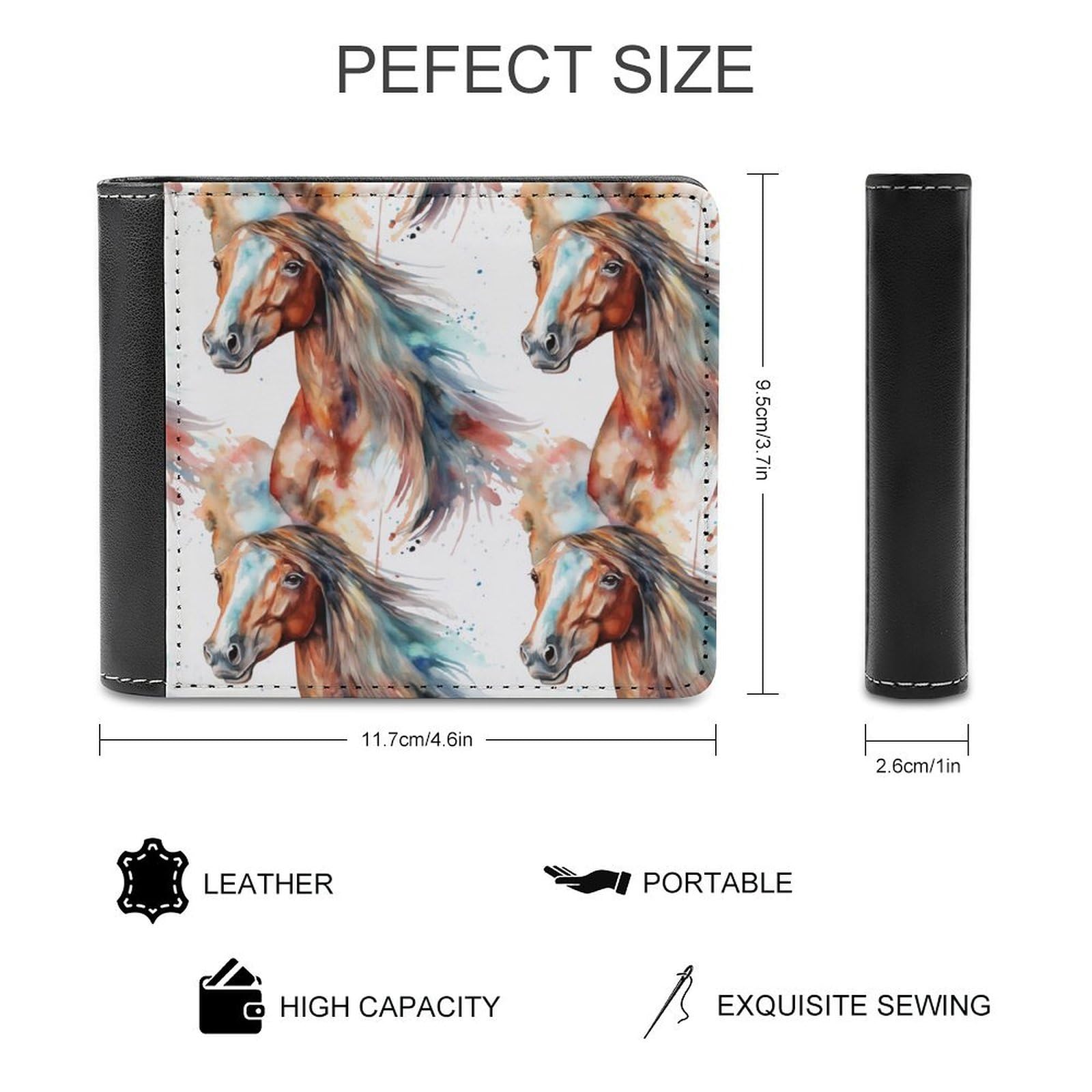 Horse Watercolor Funny Billfold Wallet Credit Card Holder Slim Passcase Pouch Purse for Men Women