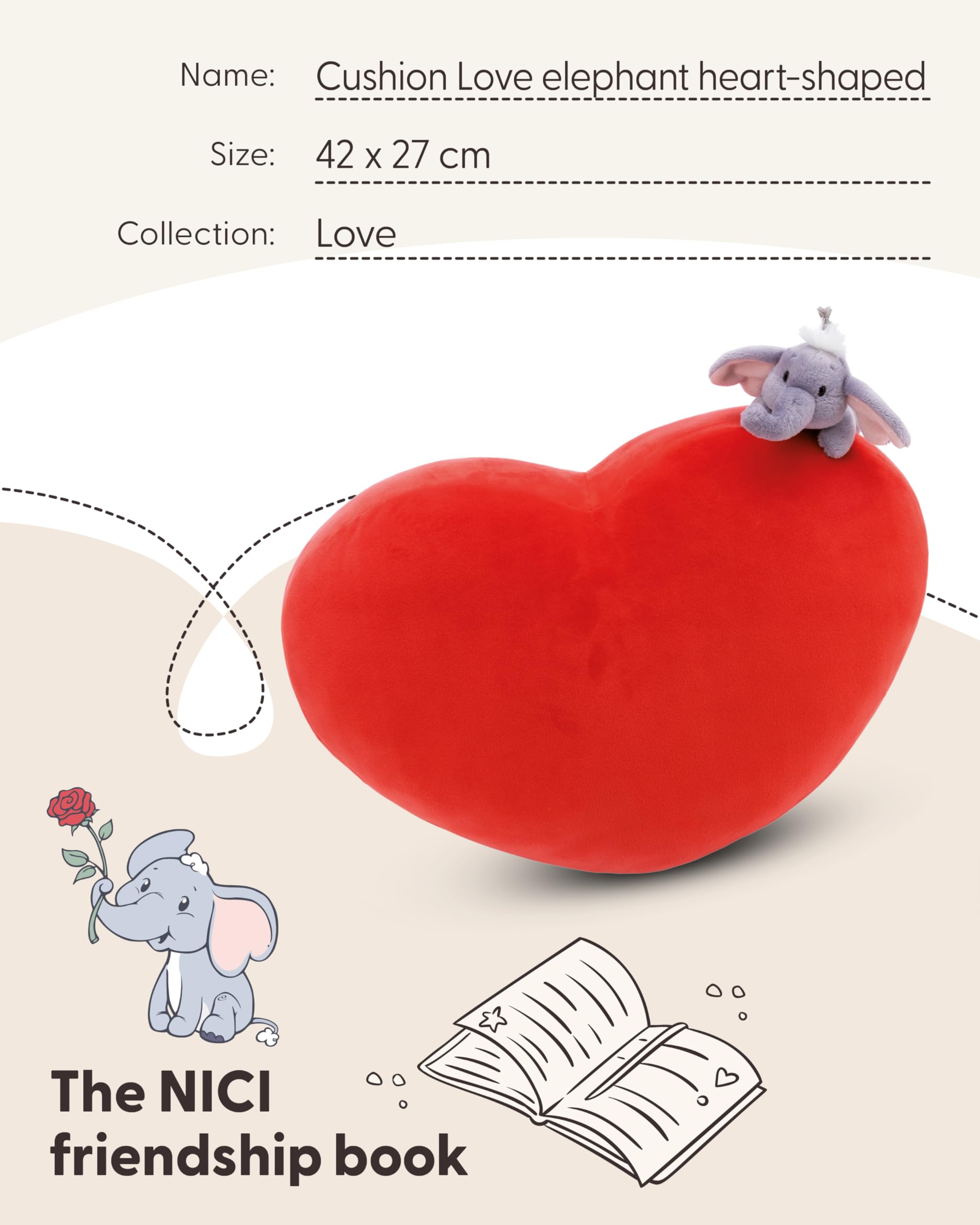 NICI poduszka Słoń LOVE w kształcie serca 42x27cm z przytulanką słonikiem 12cm czerwony - Puszysta poduszeczka dla chłopców, dziewczynek i niemowląt - Idealna do domu, przedszkola lub podróży - 61491