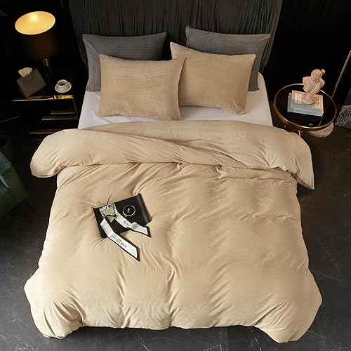 Miniatura 2 de Ivellow Juego de funda de edredón de franela de terciopelo tamaño King, color caqui, funda de edredón de terciopelo tamaño King, ultra suave,