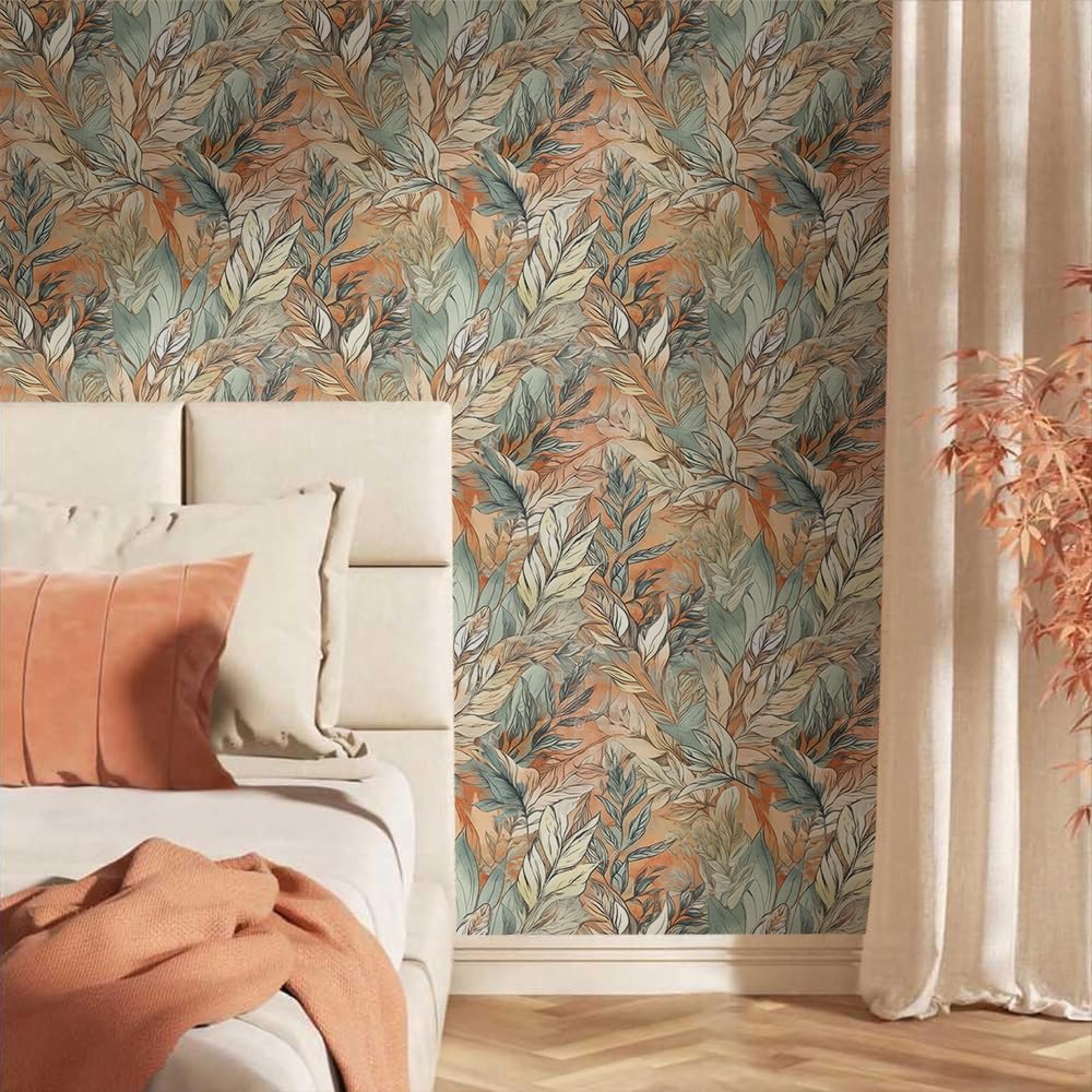 18"x236" Vintage Boho Autumn Leaves Peel and Stick Self Adhesive Wallpaper Removable Contact Paper Stick on Easy Peel Off Wall Paper for Kitchen Bedroom Bathroom Renter