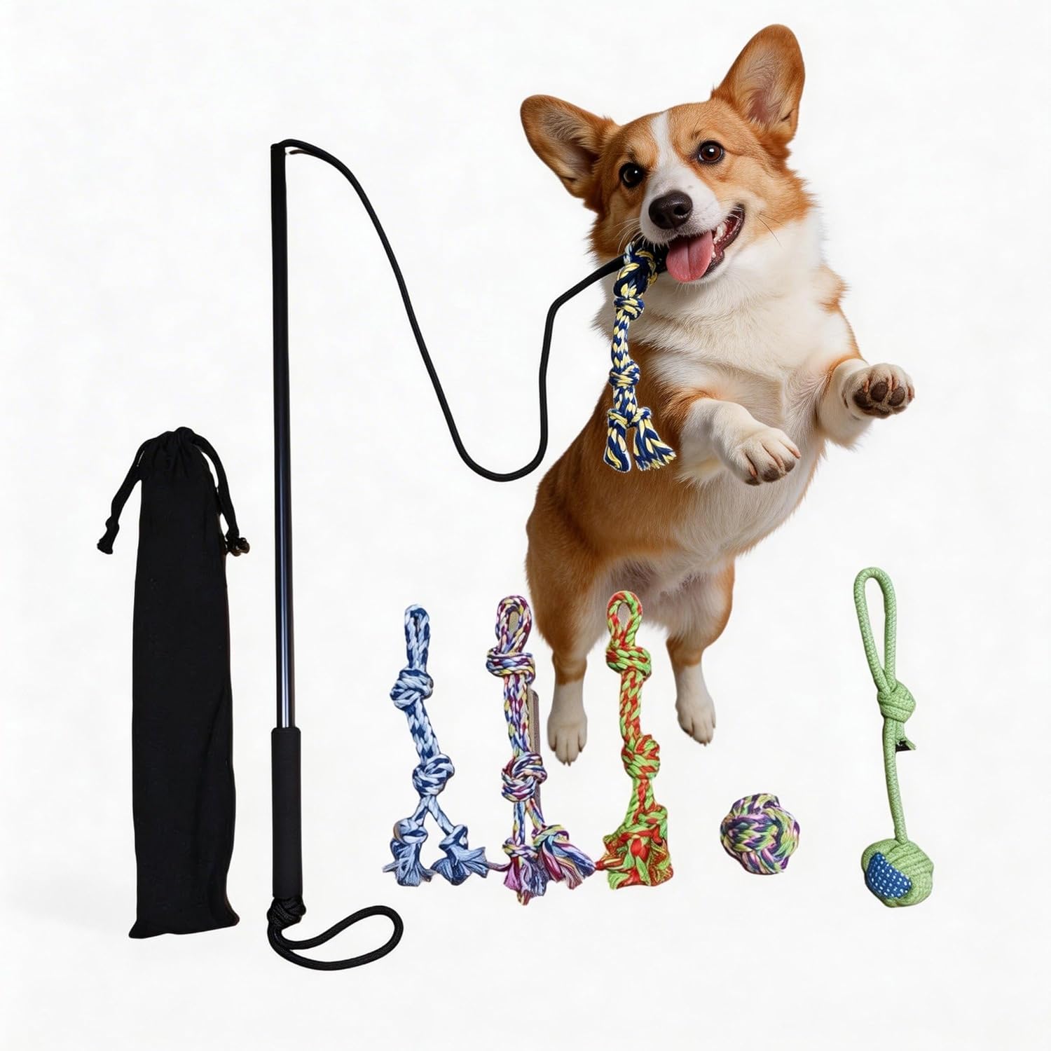 Foldable Flirt Pole for Small & Medium Dogs, 5-in-1 Replacement Heads + Woven Ball, Durable Braided Rope Teaser Wand, Interactive Outdoor Training Toy for Exercise & Play