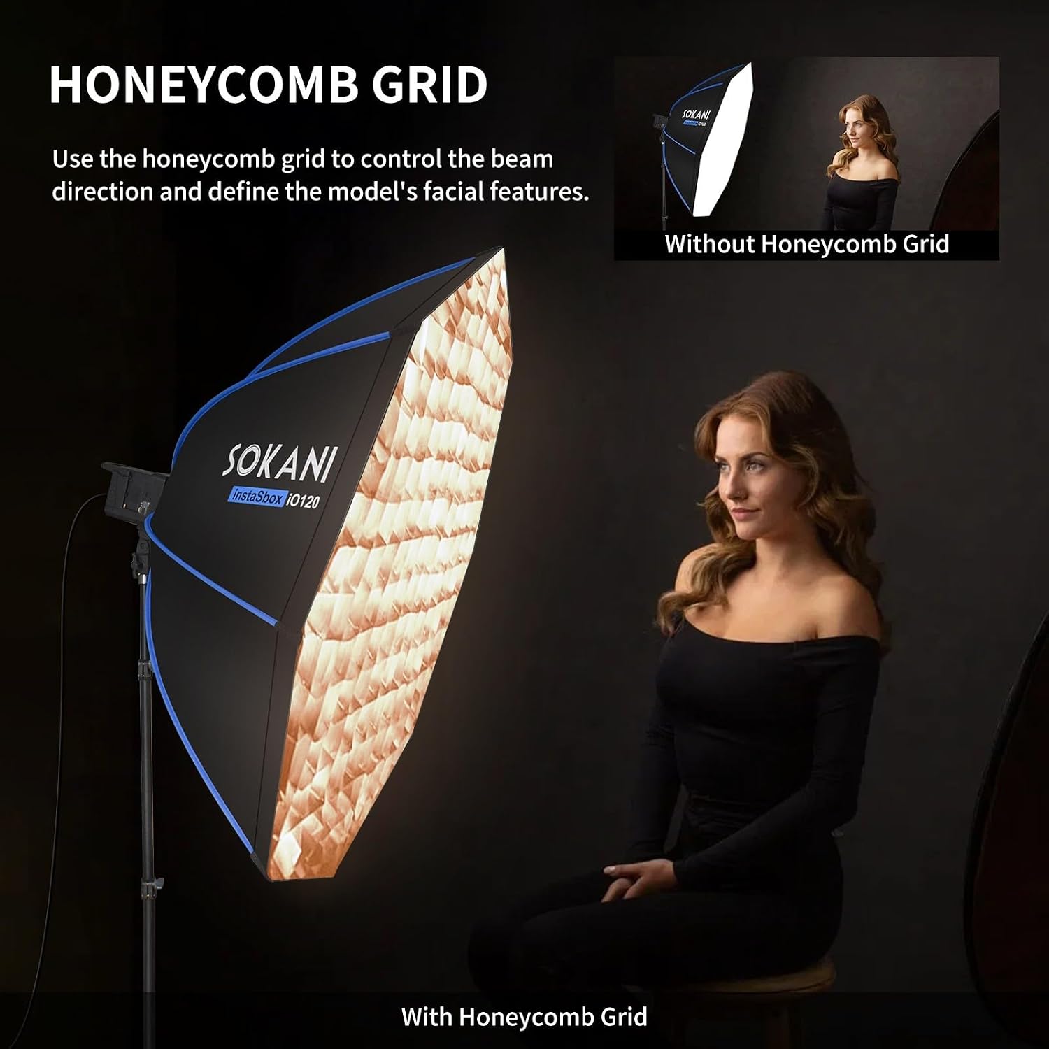 Sokani 47.2"/120cm Octagonal Softbox, Bowens Mount with Honeycomb Grid