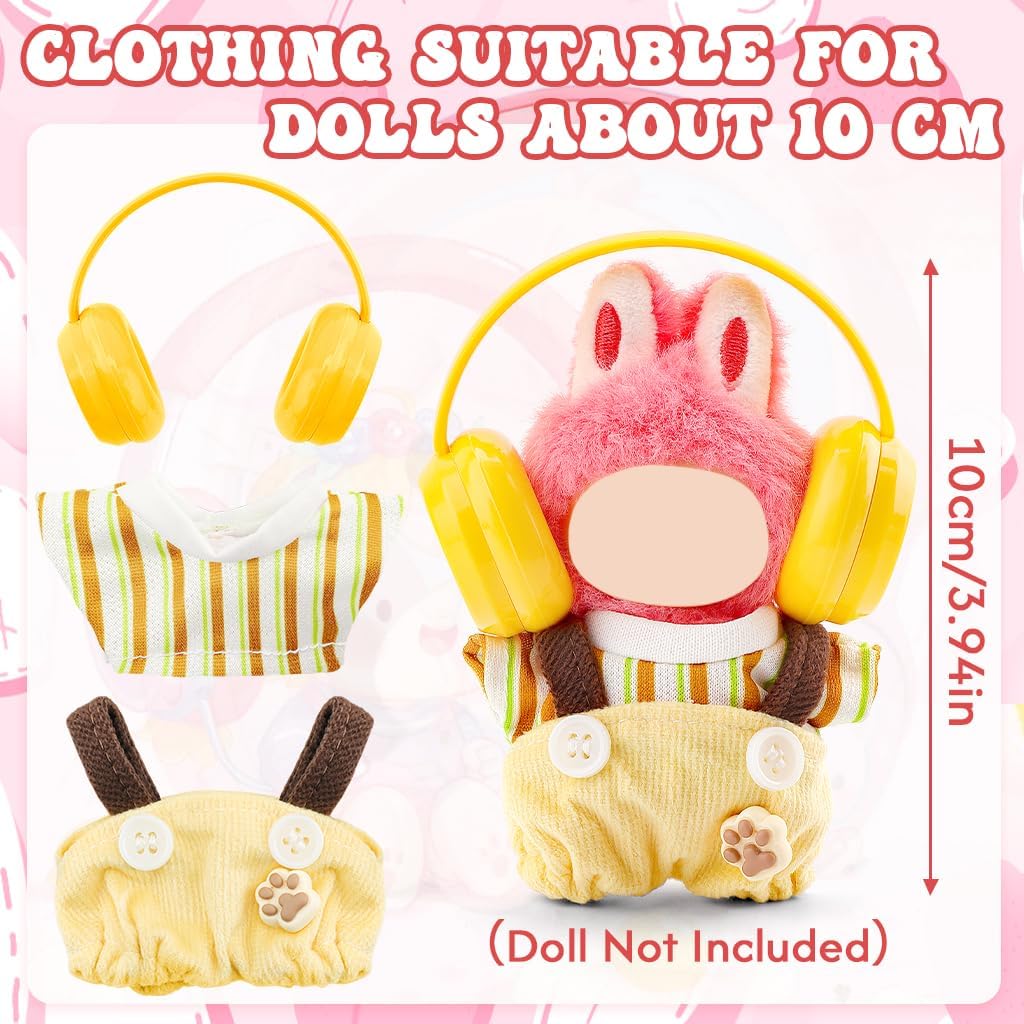 WALLFID Pin for Love Series Doll Clothes Set 10cm (NO Doll), 3-Pack Casual Outfits with Overalls and Headphones, Mini Clothes Accessories for Dress Up, Photography & Collector Display (Yellow)