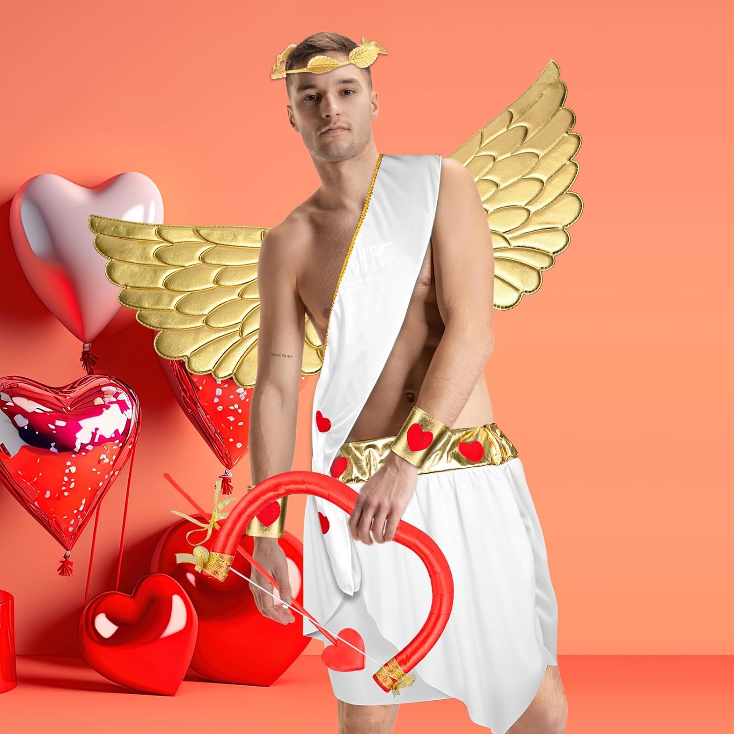 Cupid Costume for Men Includes Wings Arrow Bow Wrist Cape Headdress Kilt Cupid Accessory for Valentine's Day Cosplay