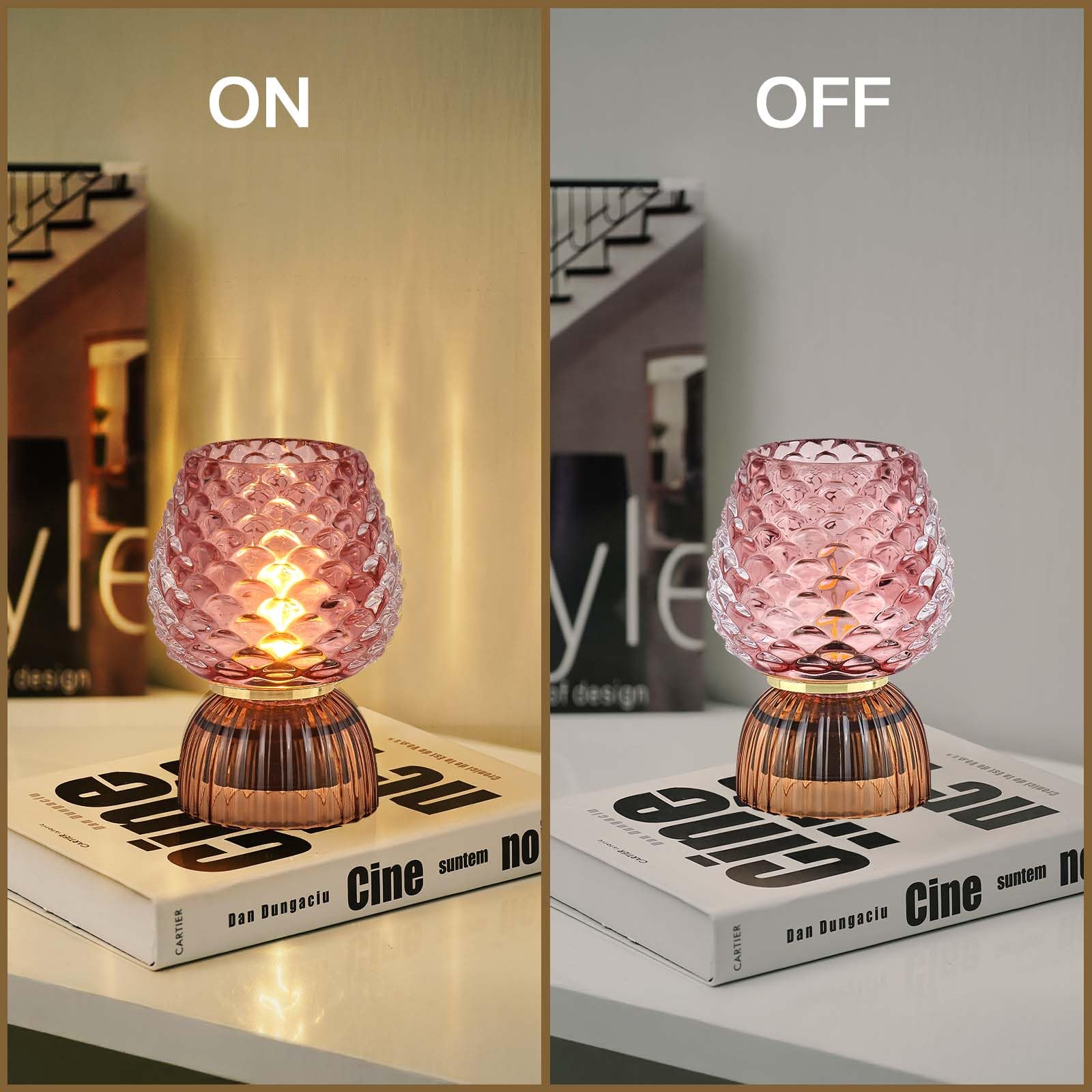 Lámpara a pilas con temporizador, pequeña lámpara de mesa de cristal inalámbrica para decoración del hogar, dormitorio, luz ambiental, regalo de vacaciones, hongo, pincone, rosa 7