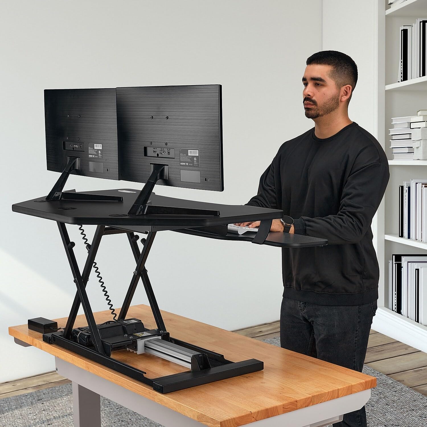 VERSADESK® PowerPro™ 36" Corner Standing Desk Converter, 36 Inch Motorized Height-Adjustable Standup Desk Riser Sit to Stand Desktop with Keyboard and Mouse Tray + USB Charging Port, Black