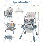 KOTEK 16 en 1 Chaise haute convertible, Chaise haute bébé & Centre d'activités avec jouets, siège booster, table de bâtiment, chaise pour tout-petit avec 5-Point Harnais, trait amovible & Coussin (bleu)