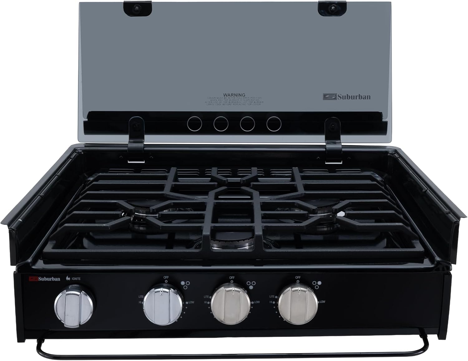 RecPro Suburban RV 3 Burner Propane Gas Cooktop with Glass Cover | Slide-In Design | Piezo Ignition | 9000 BTU Front Burner | 12V DC