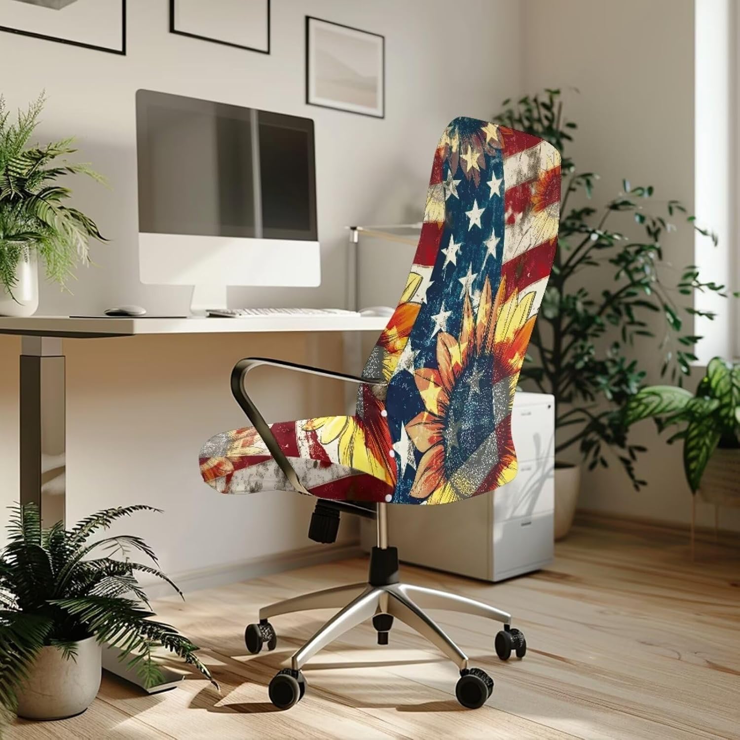 Sunflower American Flag Office Computer Chair Covers Stretchable Rotating Chair Cover Removable Armless Dining Chair Covers Washable Rotating Chair Protective Slipcover-L