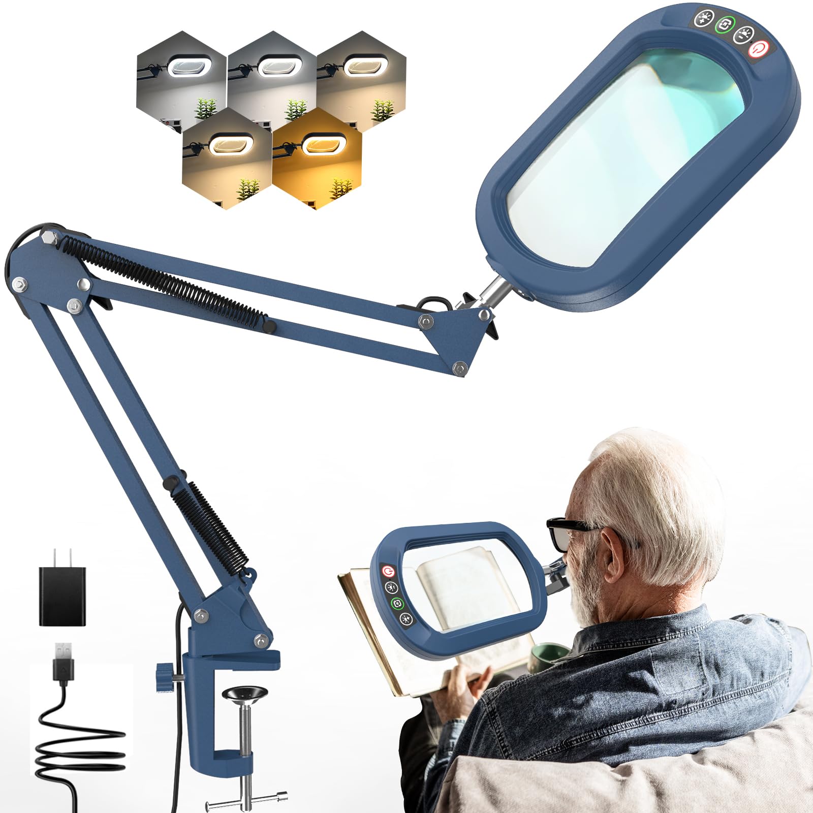Lupa 10X con luz y abrazadera, cristal auténtico soporte de iluminación, 5 modos de color y regulable sin niveles, lámpara de escritorio LED manos libres para manualidades, aficiones, lectura, pintura