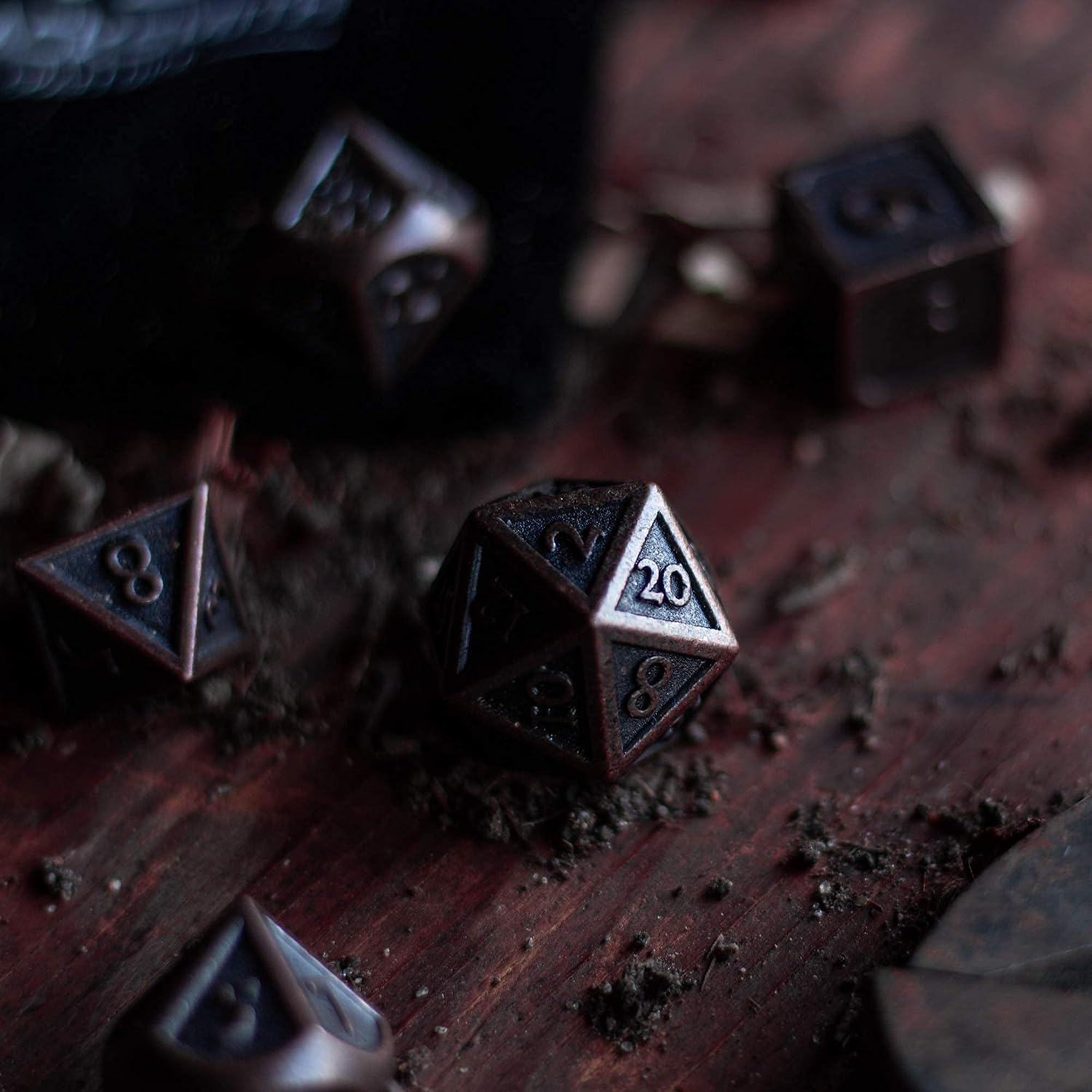 HEIMDALLR Metal D&D Dice Set 9 pcs - 2 Extra D6s, Metal Dice Box & Velvet Dice Bag; Metal DND Dice Set D&D (Dungeons and Dragons Dice Set) w D20 Dice - Blacksmith Craft Dice (Weathered Bronze)